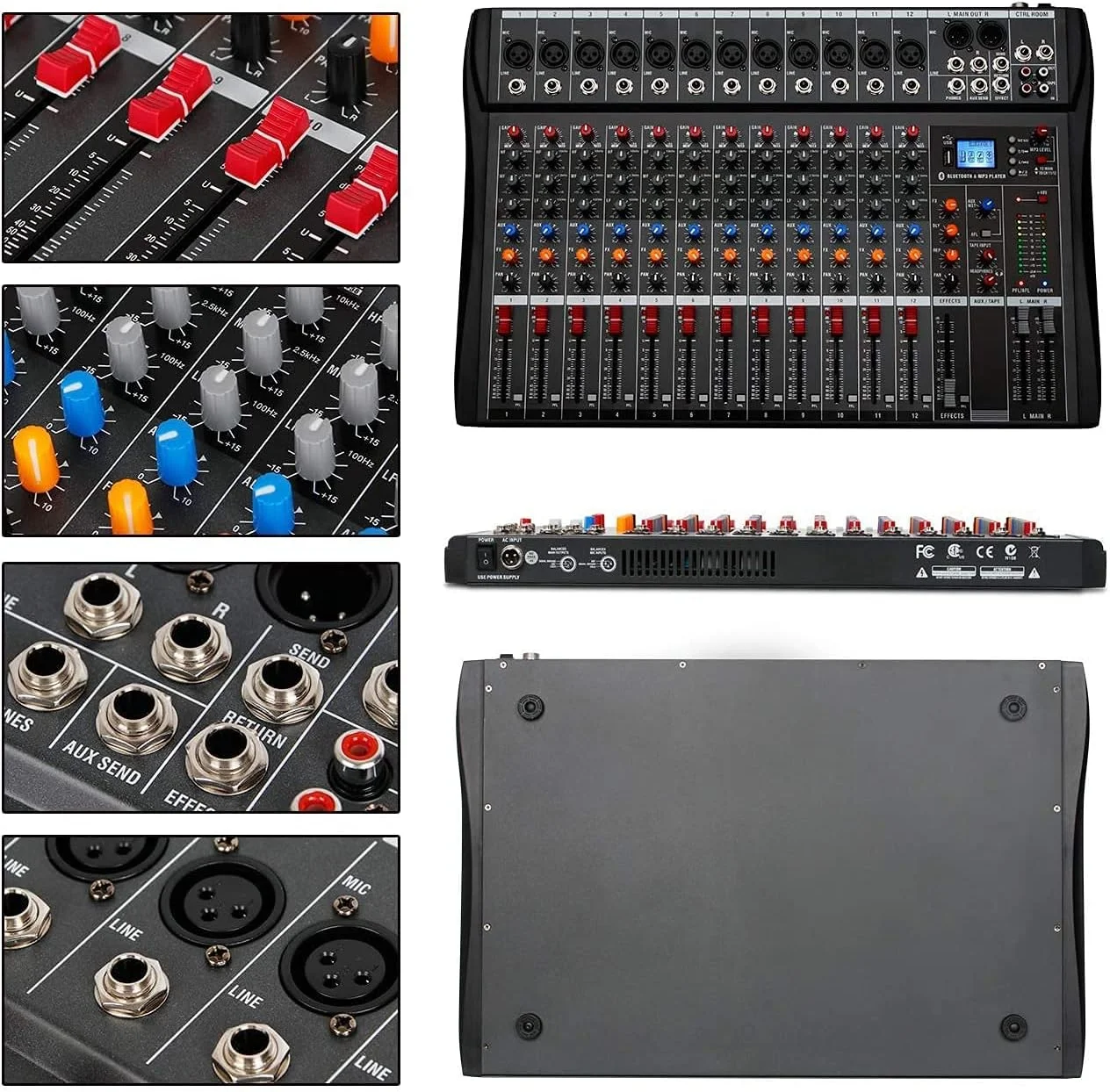 میکسر صدا Depusheng DA12 دی جی با درگاه USB برای ضبط کامپیوتر، بلوتوث، میکسر صوتی 12 کانال، جک میکروفون XLR، منبع تغذیه 48 ولت، ورودی/خروجی RCA