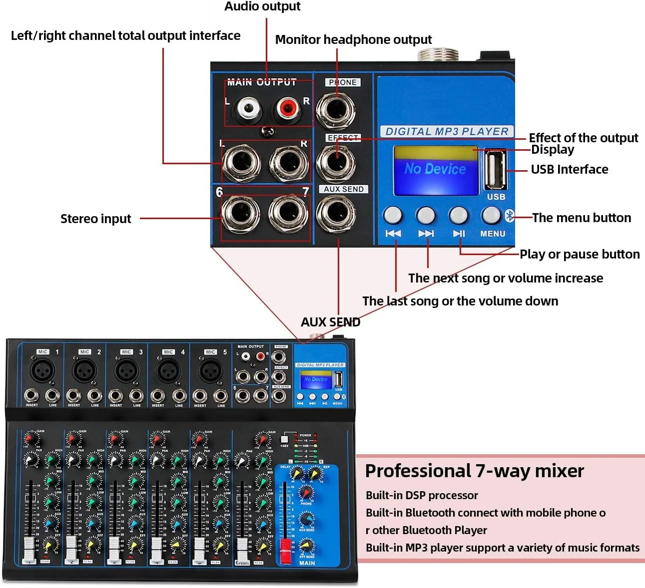 میکسر صوتی بلوتوثی قابل حمل Depusheng HT7 با میکسر صدای USB DJ، جک MP3، منبع تغذیه 48 ولت برای ضبط کامپیوتر، میکسر باند 7 کاناله برای ضبط استودیویی