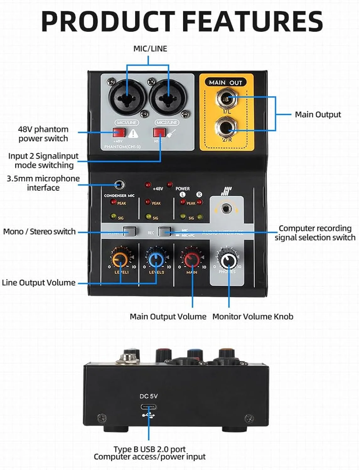 میکسر صوتی کنسول ضبط صدا 2 کاناله، میکسر موسیقی DJ USB MP3 برای IOS اندروید XLR اکولایزر 3 باندی نامتعادل