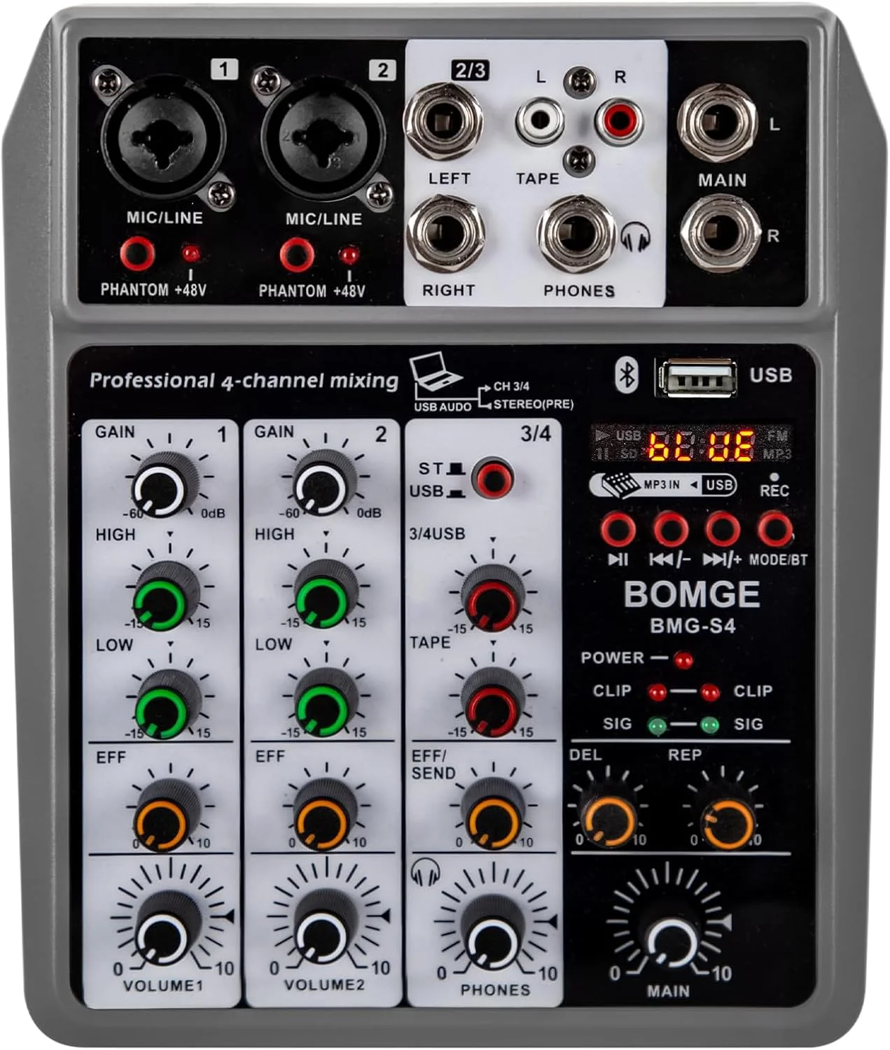 میکسر صوتی حرفه ای BOMGE، میکسر صدا با 4 کانال دیجیتال USB بلوتوث با افکت اکو و دیلی، ورودی فانتوم پاور 48 ولت، میکسر استریو DJ برای ضبط، پخش زنده، پادکست