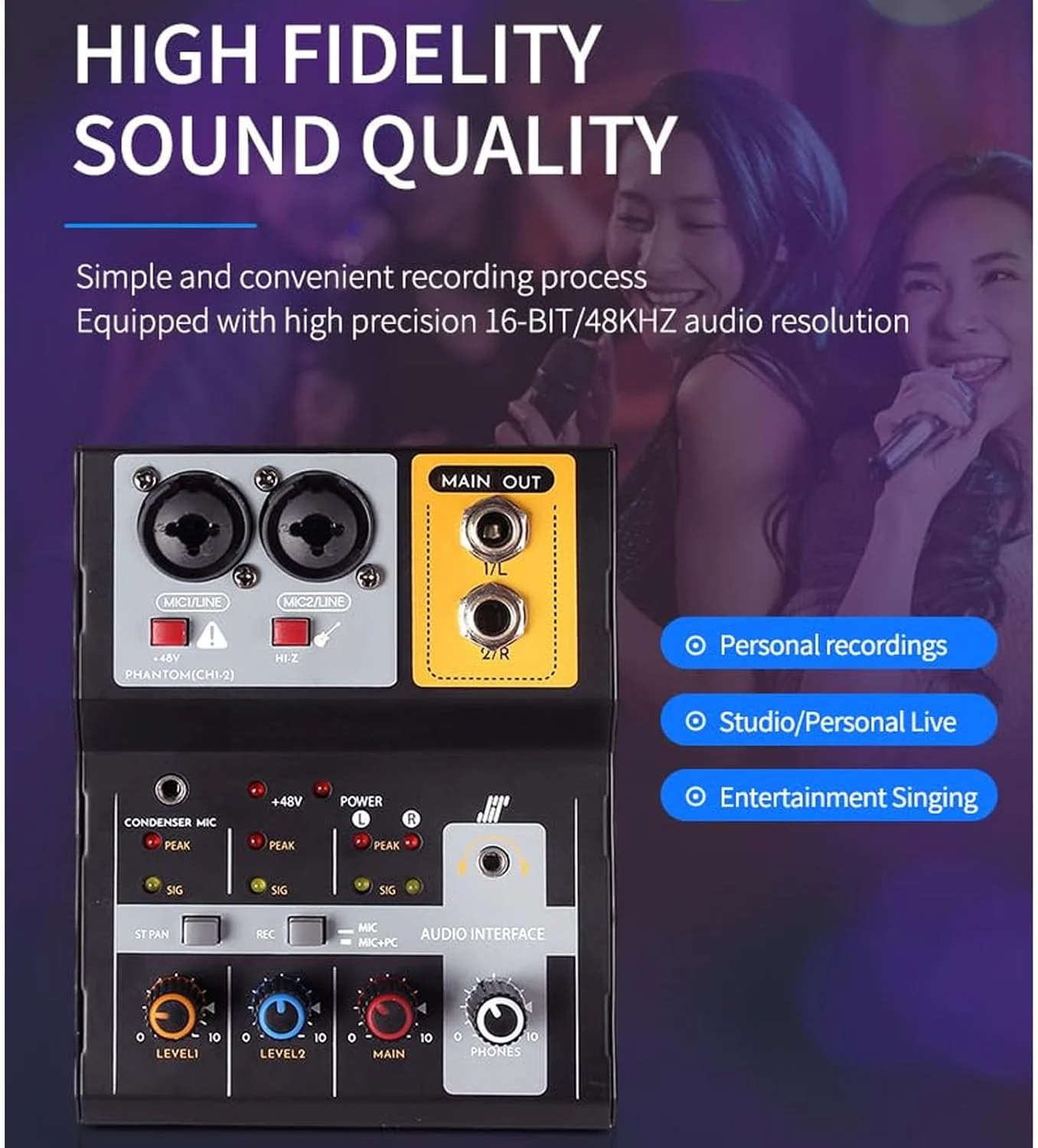 میکسر صوتی کنسول ضبط صدا 2 کاناله، میکسر موسیقی DJ USB MP3 برای IOS اندروید XLR اکولایزر 3 باندی نامتعادل