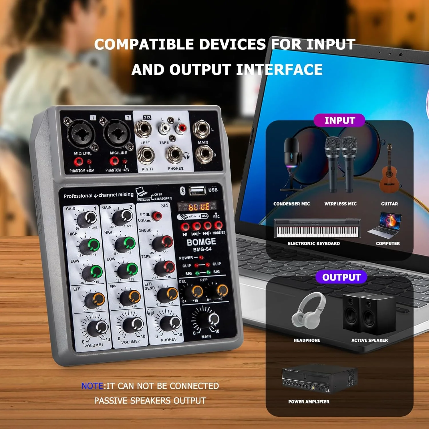 میکسر صوتی حرفه ای BOMGE، میکسر صدا با 4 کانال دیجیتال USB بلوتوث با افکت اکو و دیلی، ورودی فانتوم پاور 48 ولت، میکسر استریو DJ برای ضبط، پخش زنده، پادکست