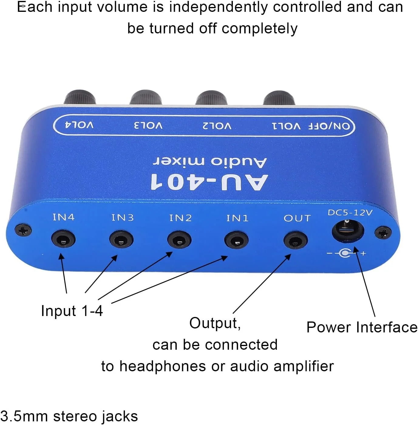 میکسر استریو با 4 ورودی و 1 خروجی، میکسر صدا، میکسر خطی، تقویت کننده هدفون، DC 5-12 ولت، جک 3.5 میلی متری، جریان بالا، 15 MA