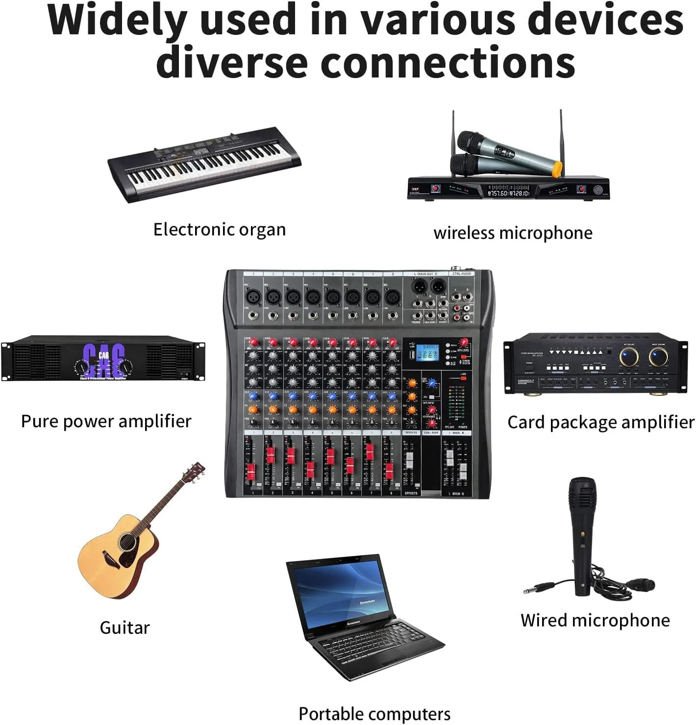 میکسر صدا 8 کانال استریو، میکسر صوتی 8 کانال، میکسر موسیقی، میکسر DJ، کارت صدای میکسر کارائوکه با بلوتوث MP3، فانتوم پاور 48 ولت، افکت های آنالوگ دیجیتال
