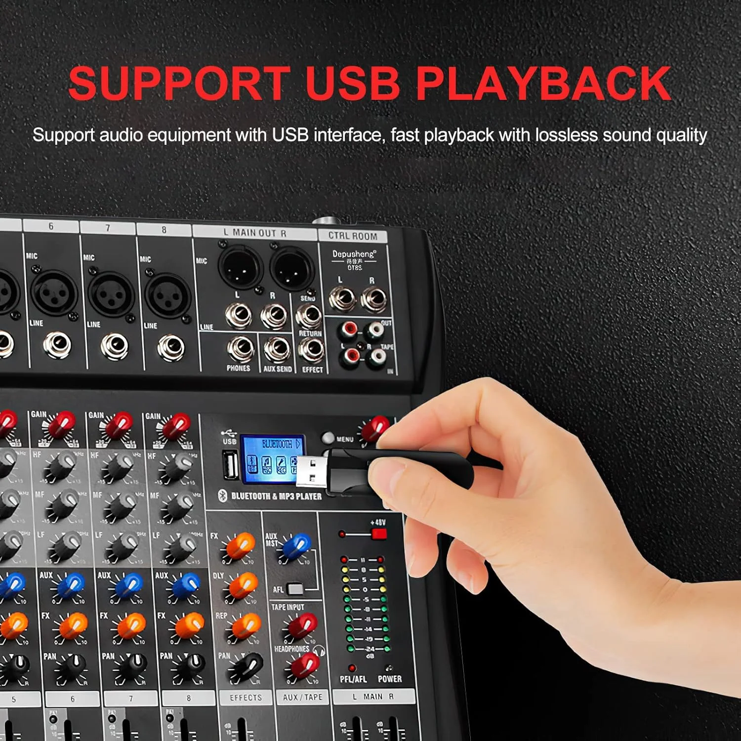 میکسر صدا 8 کانال استریو، میکسر صوتی 8 کانال، میکسر موسیقی، میکسر DJ، کارت صدای میکسر کارائوکه با بلوتوث MP3، فانتوم پاور 48 ولت، افکت های آنالوگ دیجیتال