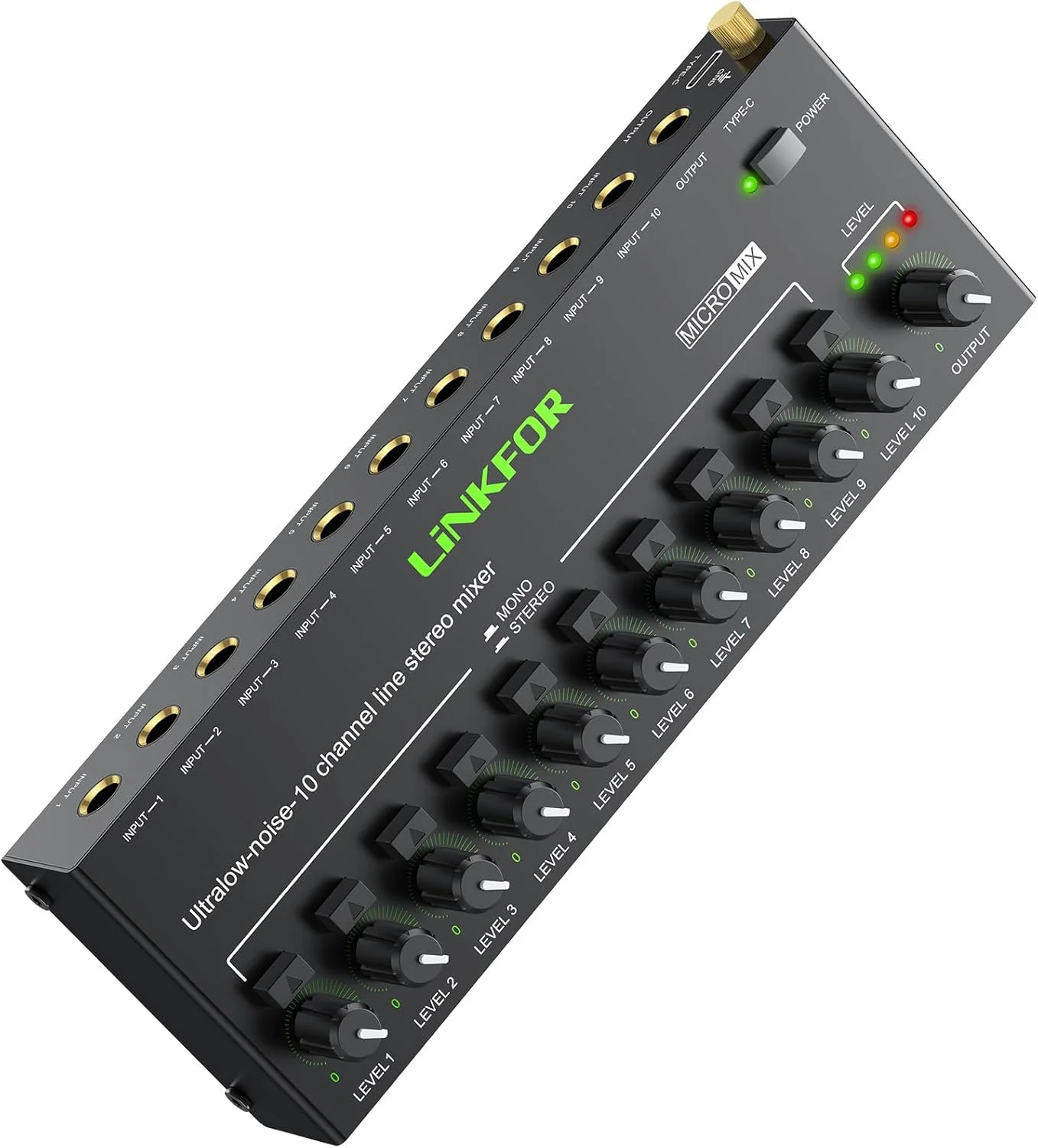 میکسر صوتی استریو 10 کاناله مینی LiNKFOR، میکسر صوتی فوق فشرده، کنترل مستقل صدا برای میکس، میکسر صوتی مینی DC 5V Type-C با آداپتور برق، کابل صوتی - نویز فوق العاده کم