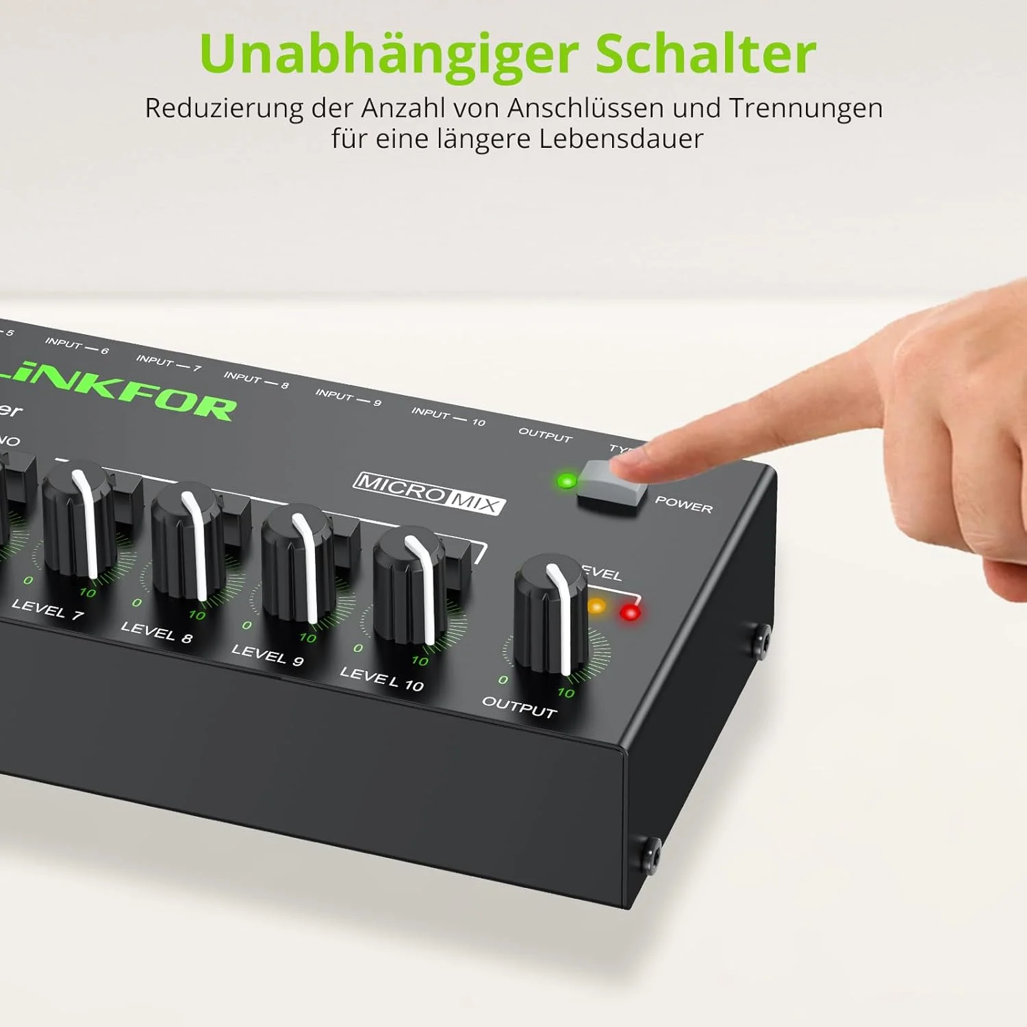 میکسر صوتی استریو 10 کاناله مینی LiNKFOR، میکسر صوتی فوق فشرده، کنترل مستقل صدا برای میکس، میکسر صوتی مینی DC 5V Type-C با آداپتور برق، کابل صوتی - نویز فوق العاده کم