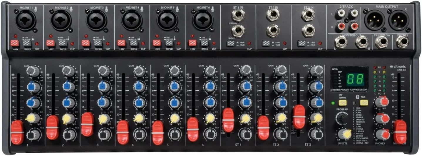 میکسر 9 کاناله سیترونیک CSR-63 با افکت های DSP شانزده گانه، اتصال بلوتوث، پنل های عمق قابل تنظیم و امکانات ورودی جامع