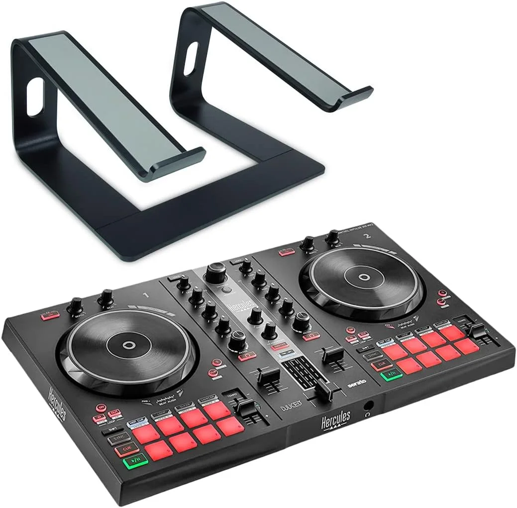 کنترلر دی‌جی هرکولس DJControl Inpulse 300 MK2 2-Deck به همراه استند لپ‌تاپ کیپ‌درام مشکی