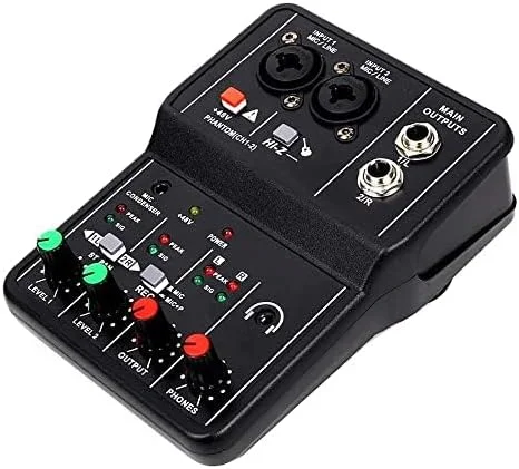 میکسر صدای کوچک برای کامپیوتر USB، 2 کانال میکروفون/گیتار XLR + 6.35 میلی‌متر، استریو 3.5 میلی‌متری با فانتوم پاور 48 ولت