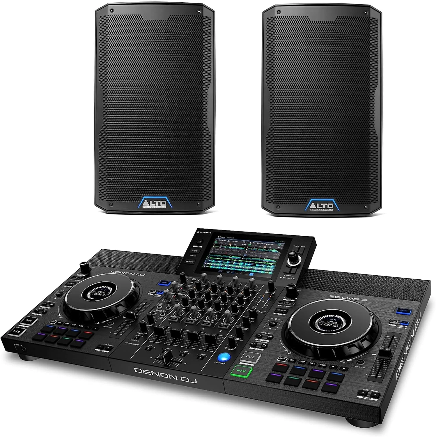 Denon DJ SC LIVE 4 و 2 عدد Alto Professional TS410 - کنترلر دی‌جی مستقل، میکسر 4 کاناله، وای‌فای، بلندگو و 2 عدد بلندگوی PA اکتیو 2000 واتی 10 اینچی با میکسر 3 کاناله، استریم بلوتوث و DSP