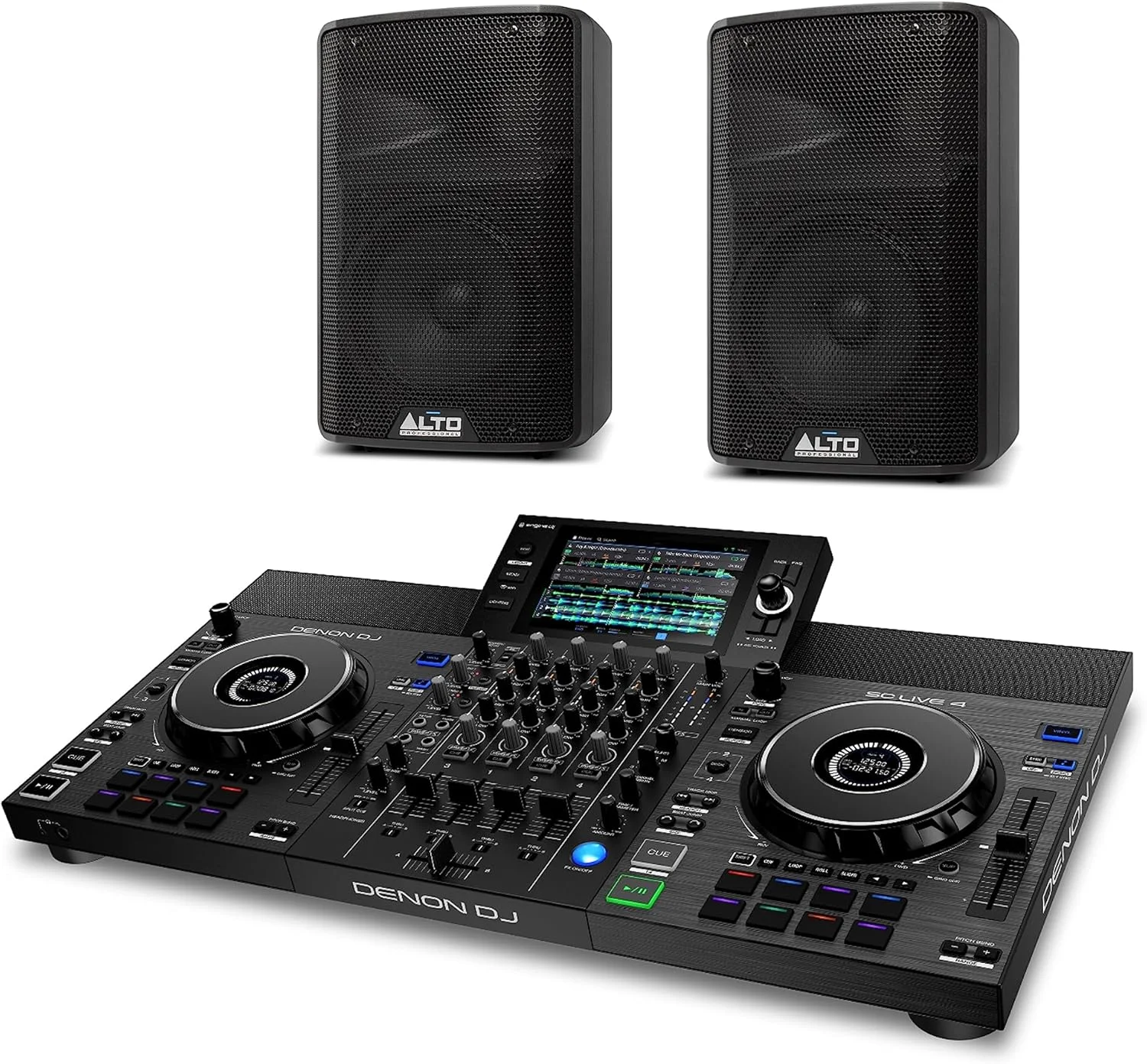 Denon DJ SC LIVE 4 و 2 عدد Alto Professional TX308 - کنترلر دی‌جی مستقل، میکسر 4 کاناله، WLAN، بلندگو و 2 عدد بلندگوی PA اکتیو 350 واتی با ووفر 8 اینچی برای دی‌جی‌های سیار