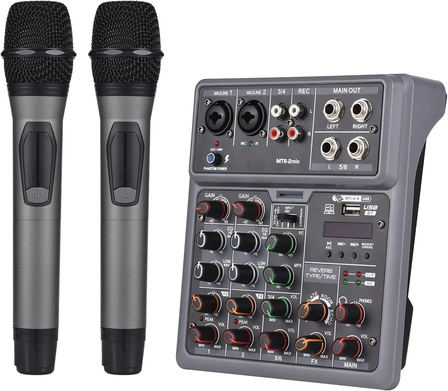 میکسر صدا، کنسول میکسر 6 کاناله با 2 میکروفون بی سیم، BT OTG، 4 افکت صحنه، DSP، فانتوم پاور 48 ولت، کارت میکسر DJ حرفه ای برای سینمای خانگی