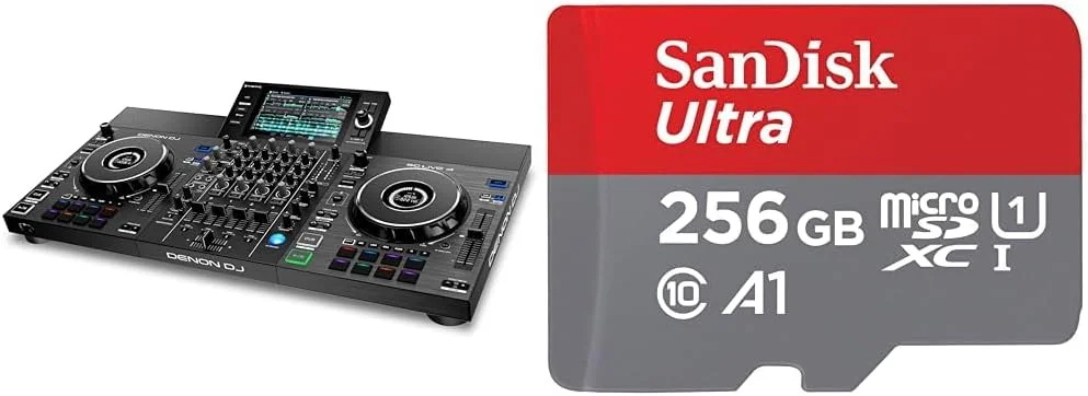 دنون DJ SC LIVE 4 - کنترلر دی‌جی مستقل و کارت حافظه SanDisk Ultra Android microSDXC UHS-I با ظرفیت 256 گیگابایت + آداپتور (مناسب برای تلفن‌های هوشمند و تبلت‌ها)