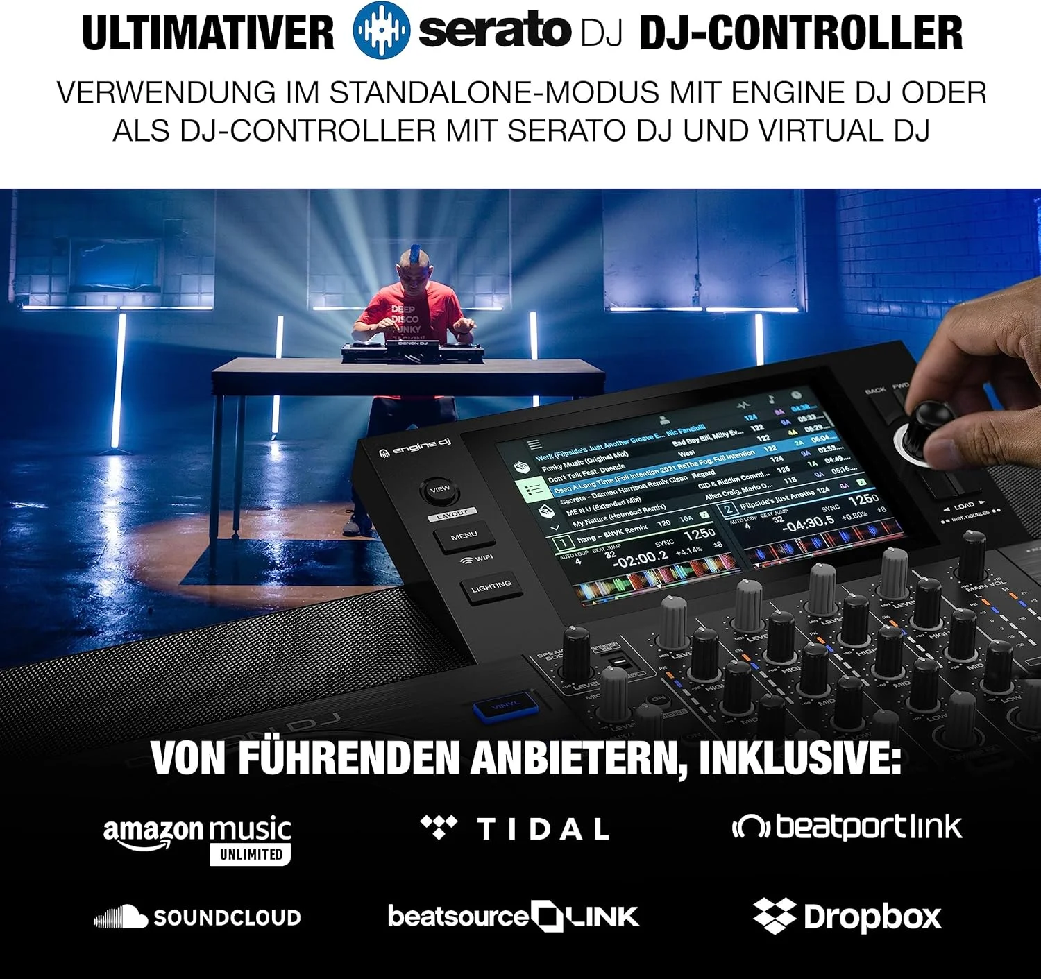 Denon DJ SC LIVE 4 و 2 عدد Alto Professional TS410 - کنترلر دی‌جی مستقل، میکسر 4 کاناله، وای‌فای، بلندگو و 2 عدد بلندگوی PA اکتیو 2000 واتی 10 اینچی با میکسر 3 کاناله، استریم بلوتوث و DSP