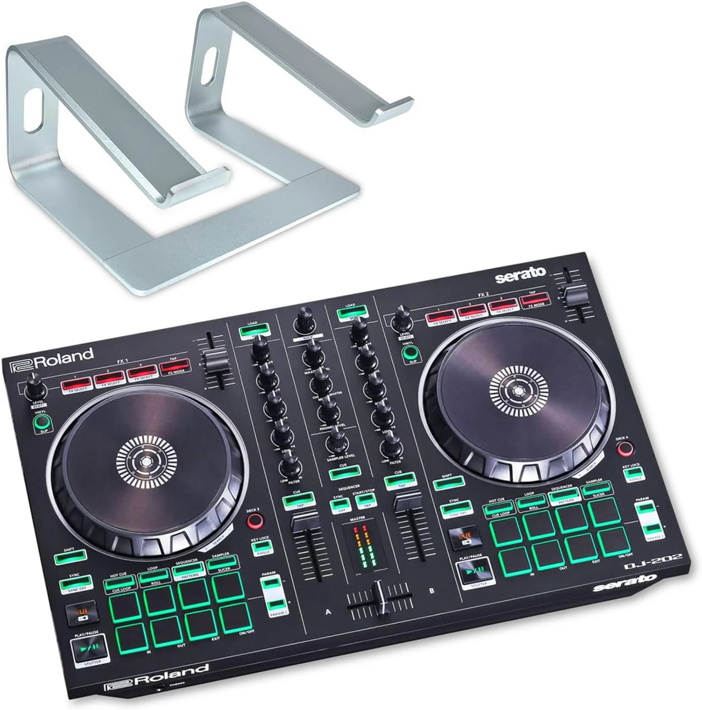 Roland DJ-202 کنترلر دی‌جی USB دو کاناله چهار دکه به همراه استند لپ‌تاپ کیپ‌درام - نقره‌ای