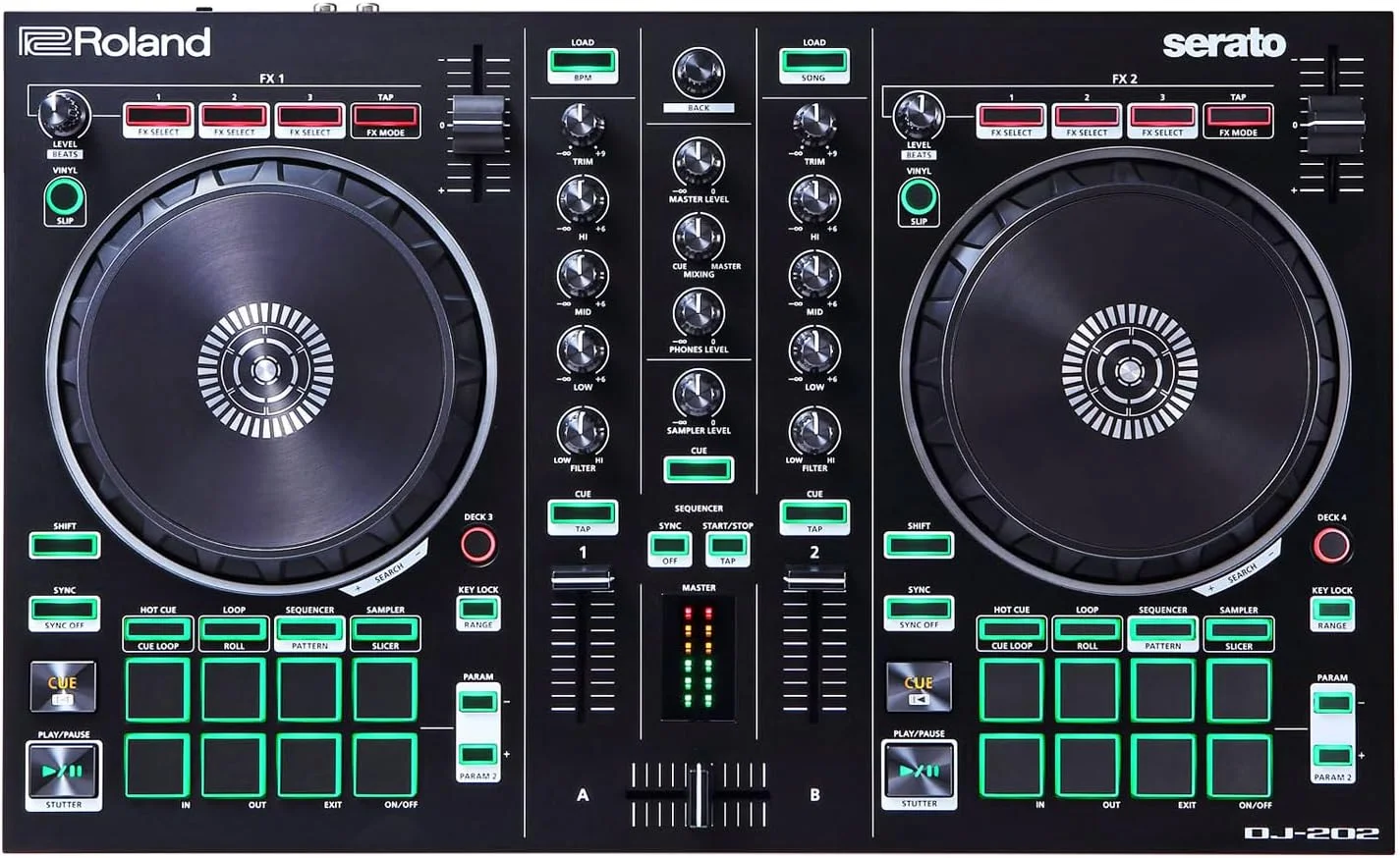 Roland DJ-202 کنترلر دیجی USB دو کاناله چهار دکه به همراه استند لپتاپ کیپدرام - نقرهای Roland DJ-202 کنترلر دیجی USB دو کاناله چهار دکه به همراه استند لپتاپ کیپدرام - نقرهای