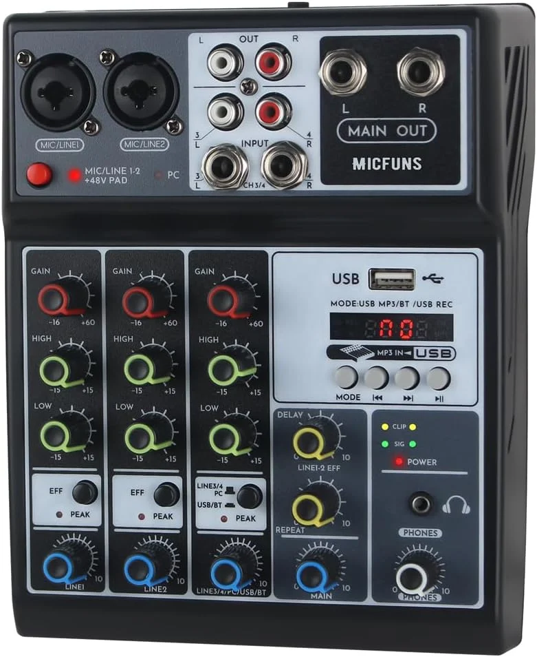 میکسر صوتی DJ، سیستم کنسول F4Apro 4 کانال با فانتوم پاور 48 ولت، بلوتوث، USB، MP3 استریو، مناسب استریمینگ زنده DJ استودیویی برای ضبط حرفه ای، مهمانی ها و استیج