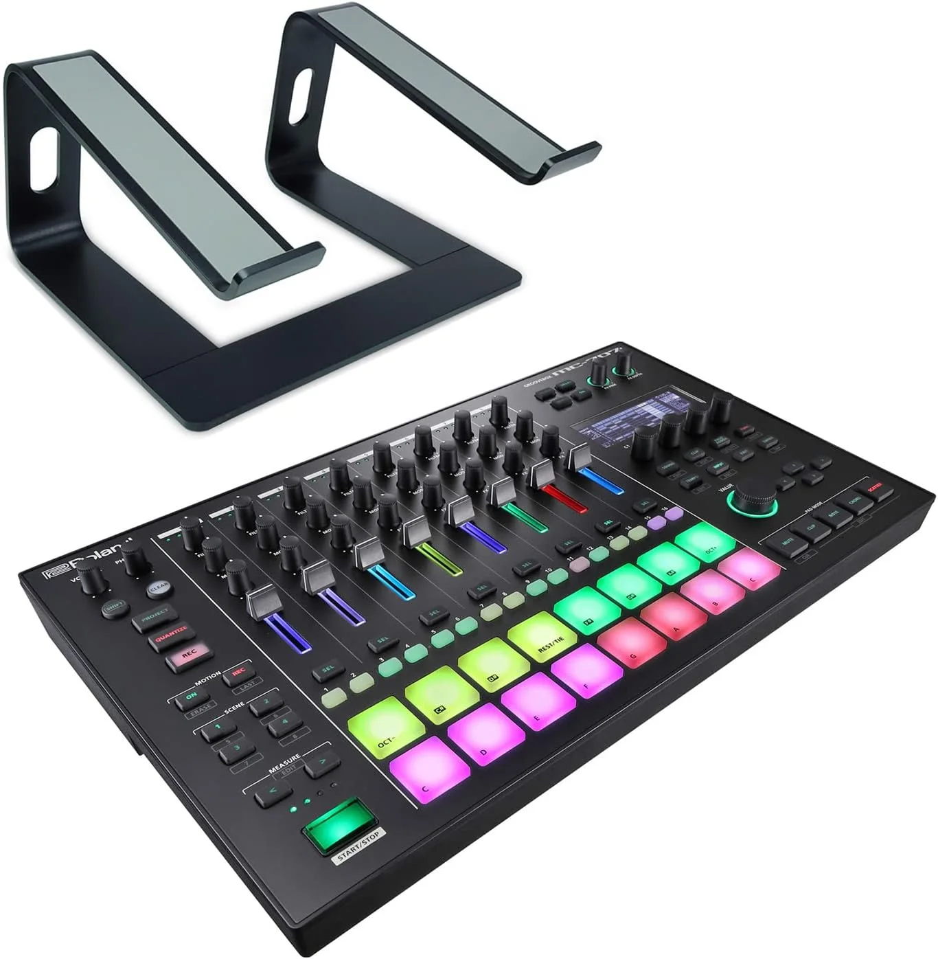 رولند MC-707 گروو باکس DJ میکسر سکوئنسر سمپلر + استند لپ تاپ کیپ درام مشکی