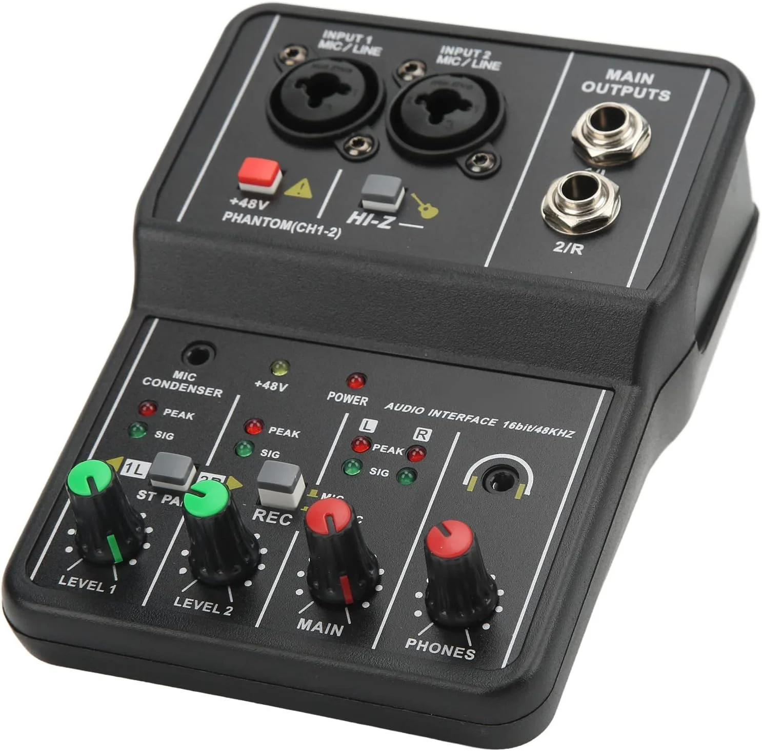 میکسر صدای 2 کاناله Sorandy با USB 48V، میکسر صدای جمع و جور برای کلوپ‌های کوچک، بارها، گیتار، بیس، کیبورد، ضبط موسیقی استودیویی، کارائوکه خانگی و اینترنتی