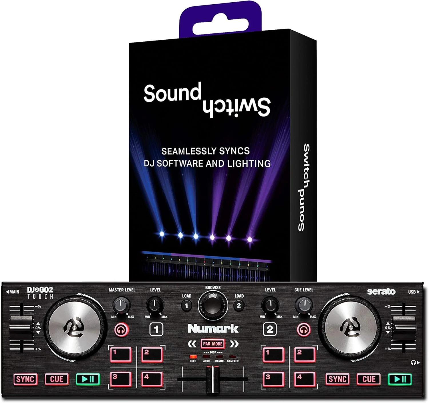 Numark DJ2GO2 Touch + رابط میکرو DMX SoundSwitch - کنترلر DJ USB دو دکه برای Serato DJ با میکسر/کراس فیدر + رابط USB به DMX با 3 ماه دسترسی رایگان به نرم افزار SoundSwitch
