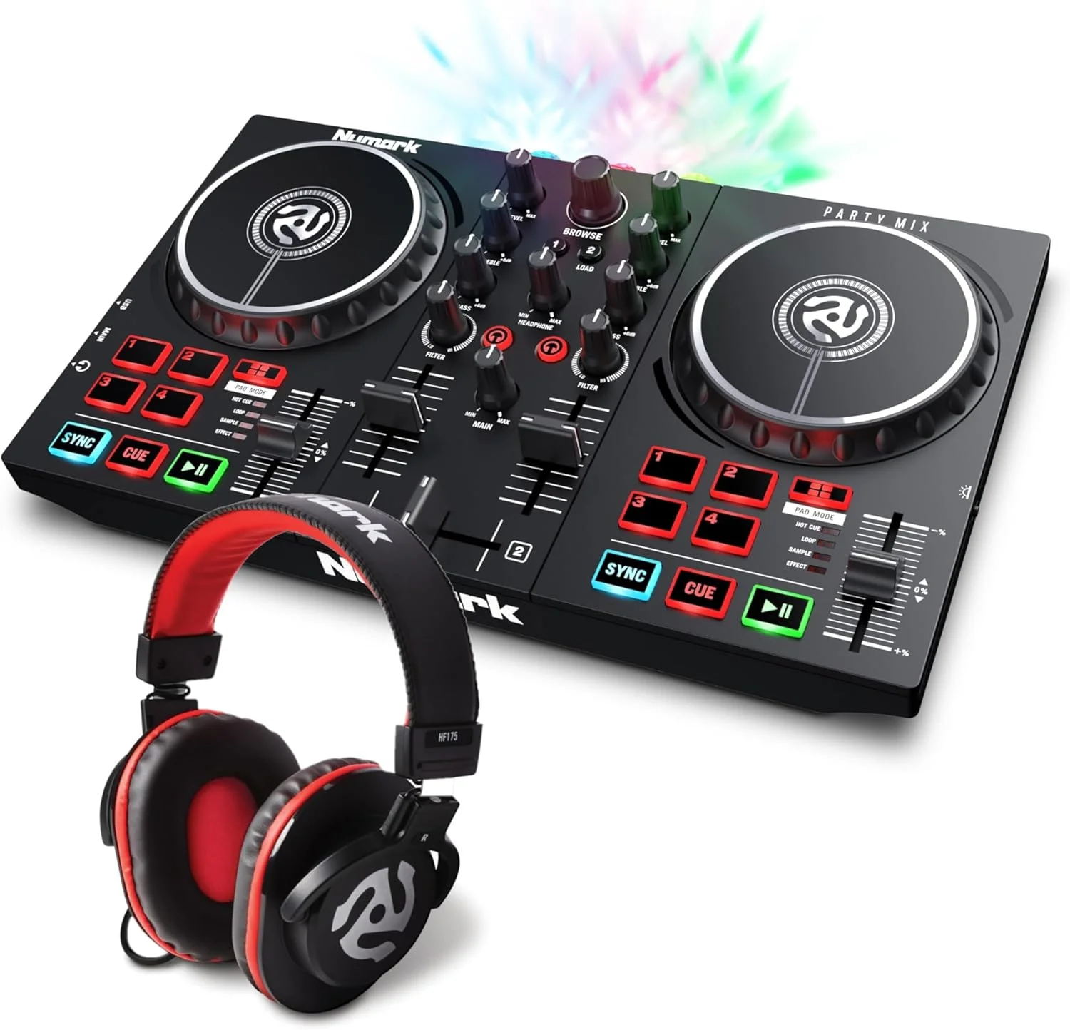 پکیج مهمانی Numark - میکسر DJ مدل Party Mix II با 2 دک، نورهای DJ داخلی و میکسر DJ و هدفون HF175 با طراحی بسته، درایور 40 میلی‌متری، گوشی‌های با کیفیت بالا