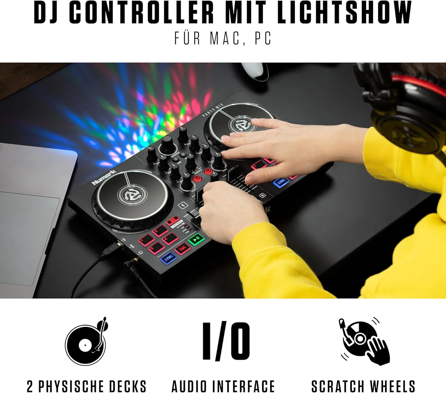 پکیج مهمانی Numark - میکسر DJ مدل Party Mix II با 2 دک، نورهای DJ داخلی و میکسر DJ و هدفون HF175 با طراحی بسته، درایور 40 میلی‌متری، گوشی‌های با کیفیت بالا