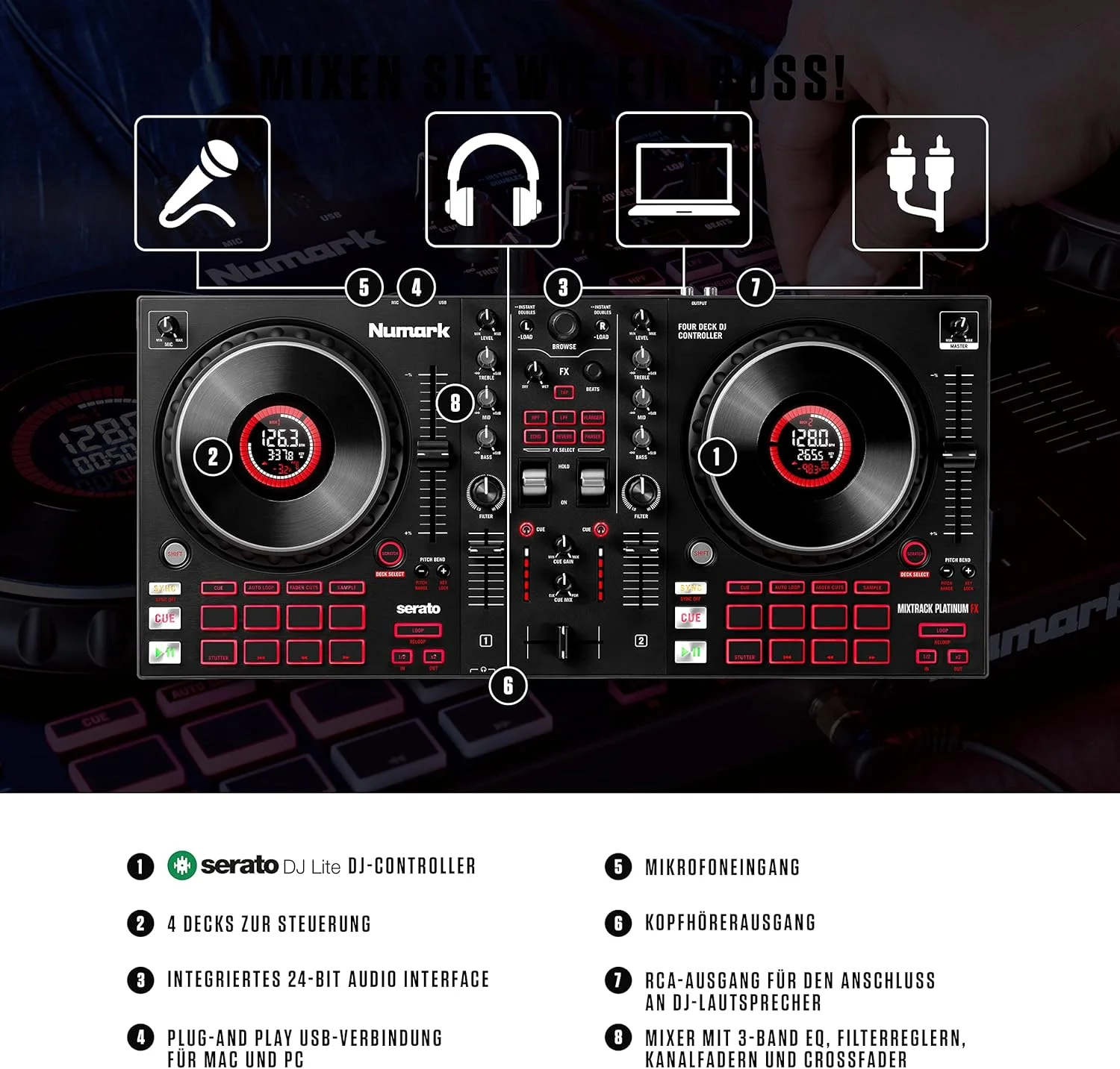 پکیج حرفه ای دی جی Numark - کنسول کنترلر دی جی Platinum FX با کنترل 4 دک، رابط صوتی یکپارچه، نمایشگرهای Jogwheel و پدال های افکت و هدفون HF175 با طراحی بسته، درایور 40 میلی متری