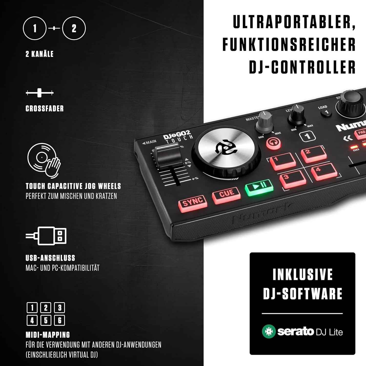 Numark DJ2GO2 Touch + رابط میکرو DMX SoundSwitch - کنترلر DJ USB دو دکه برای Serato DJ با میکسر/کراس فیدر + رابط USB به DMX با 3 ماه دسترسی رایگان به نرم افزار SoundSwitch
