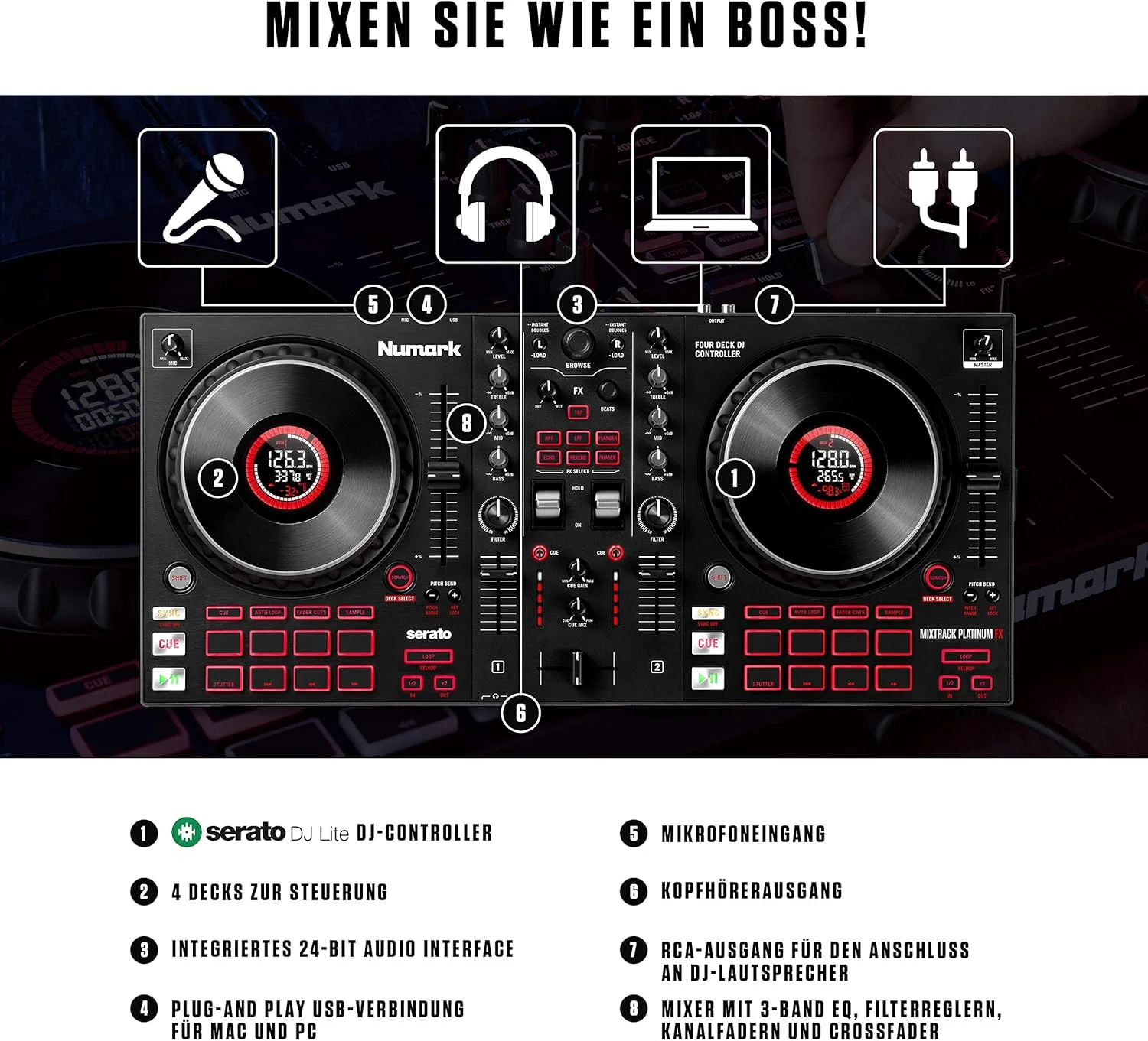 کنترلر دی‌جی Numark Mixtrack Platinum FX + رابط SoundSwitch Micro DMX – کنترلر دی‌جی برای Serato DJ با کنترل 4 دک + رابط USB به DMX با 3 ماه دسترسی رایگان به نرم‌افزار SoundSwitch