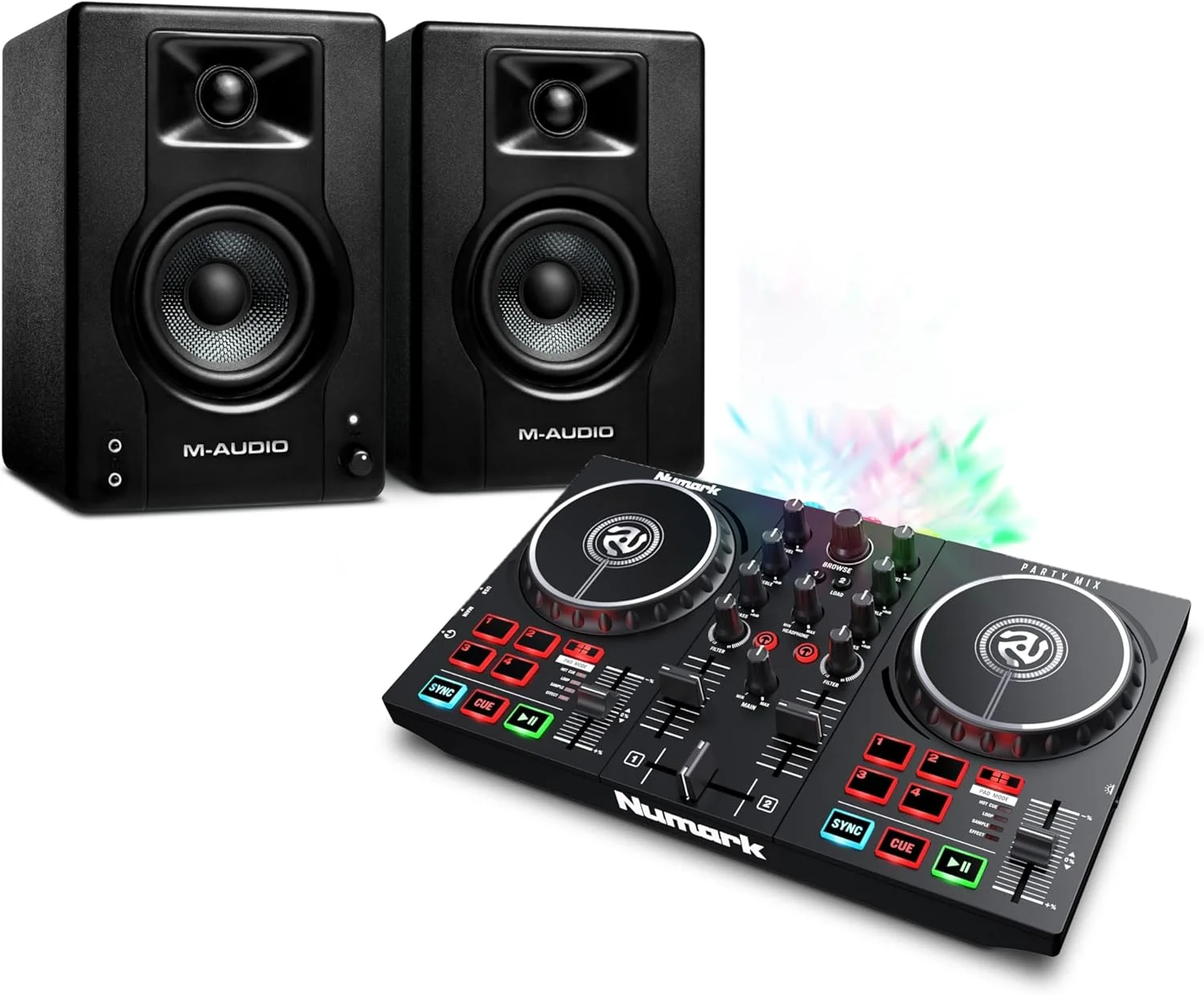 ست کنترلر دی‌جی مبتدی Numark Party Mix II & BX3 با نورهای دی‌جی داخلی و میکسر دی‌جی و دو بلندگوی فعال 120 واتی