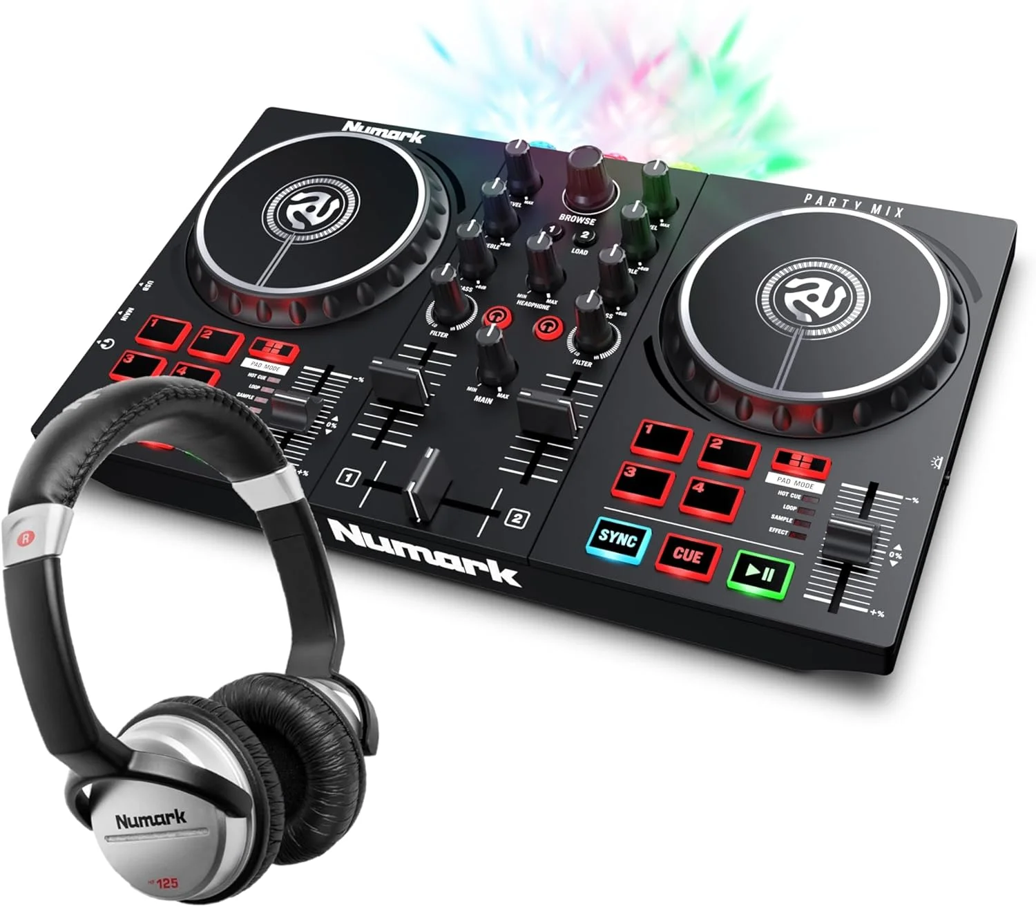 ست کنترلر دی‌جی مبتدی Numark Party Mix II + HF 125 با نورهای دی‌جی، میکسر و هدفون دی‌جی