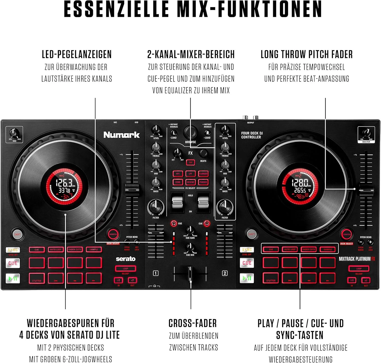 کنترلر دی‌جی Numark Mixtrack Platinum FX + رابط SoundSwitch Micro DMX – کنترلر دی‌جی برای Serato DJ با کنترل 4 دک + رابط USB به DMX با 3 ماه دسترسی رایگان به نرم‌افزار SoundSwitch