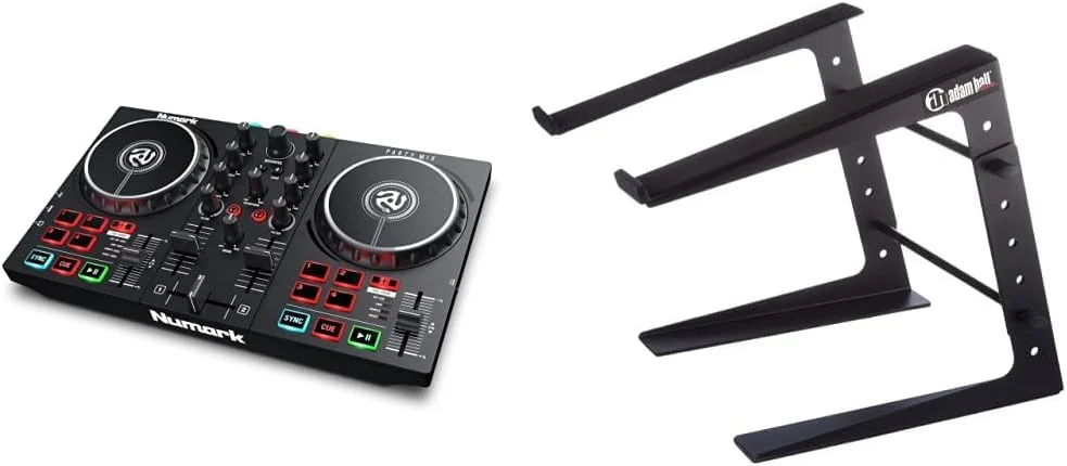 پولت کنترلر دی‌جی Numark Party Mix II با ۲ دک، چراغ‌های دی‌جی داخلی و میکسر دی‌جی؛ پشتیبانی از استریم مستقیم از TIDAL، SoundCloud و غیره & پایه لپ‌تاپ ah Stands SLT001E، مشکی
