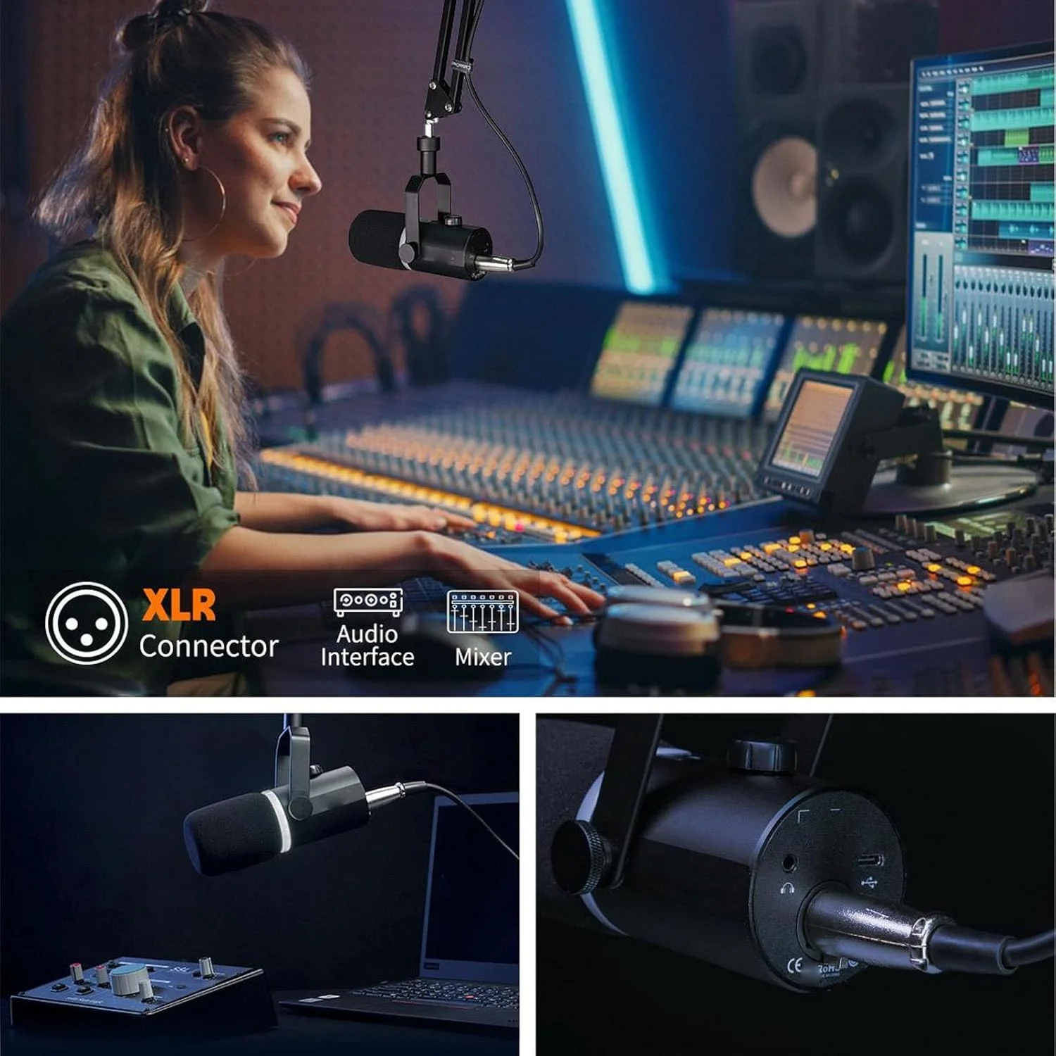 میکروفون دینامیک XLR-USB مدل PM1 مناسب پادکست، استریم و دارای نورپردازی RGB با الگوی قطبی کاردیوید و قابلیت قطع صدا با لمس