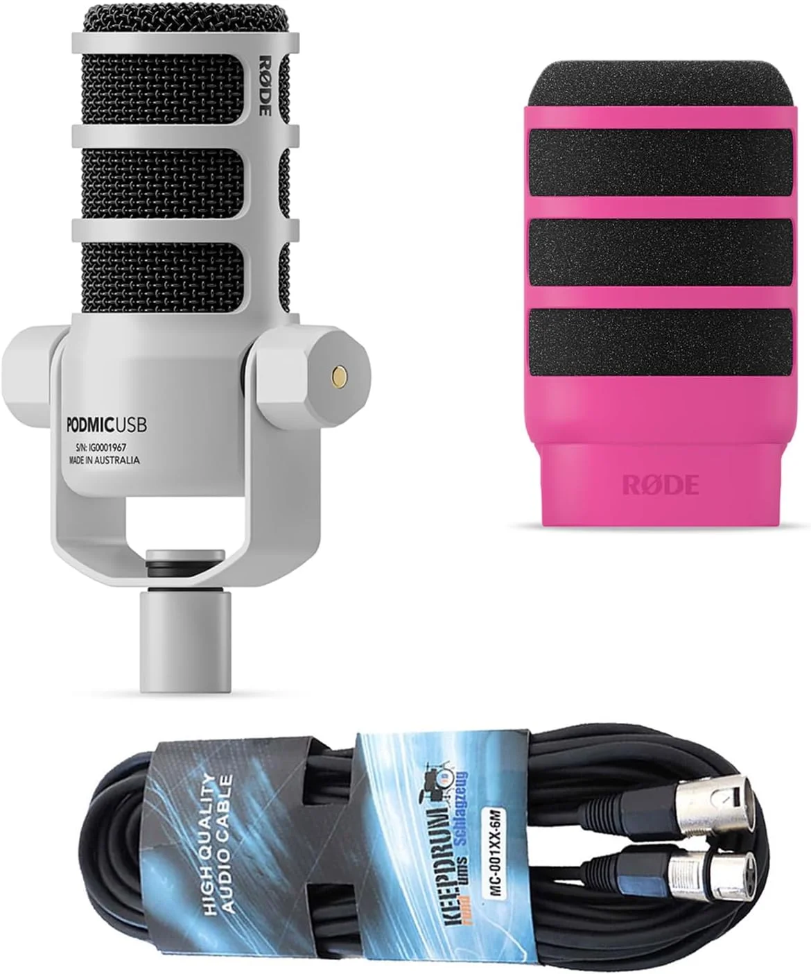 میکروفون سخنرانی داینامیک رُد پادمیک USB XLR سفید با پاپ شیلد WS14P صورتی و کابل XLR کیپ درام میکروفون سخنرانی داینامیک رُد پادمیک USB XLR سفید با پاپ شیلد WS14P صورتی و کابل XLR کیپ درام