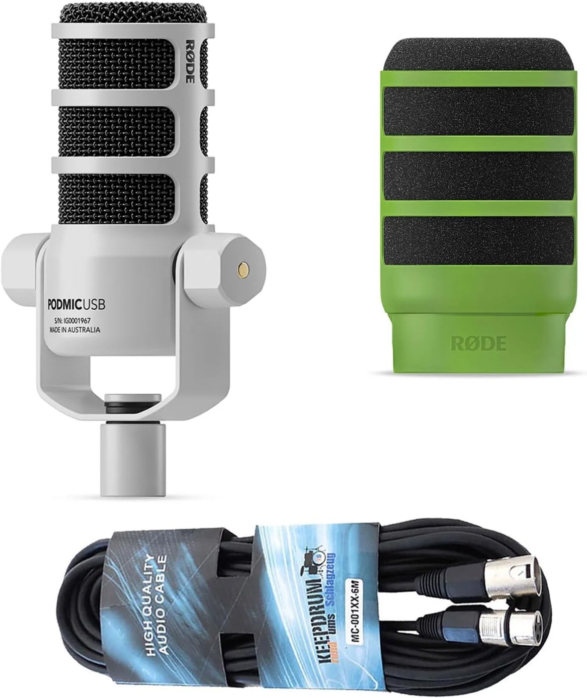 میکروفون سخنرانی داینامیک رُد Podmic USB XLR سفید با پاپ شیلد WS14G و کابل XLR کیپ درام میکروفون سخنرانی داینامیک رُد Podmic USB XLR سفید با پاپ شیلد WS14G و کابل XLR کیپ درام