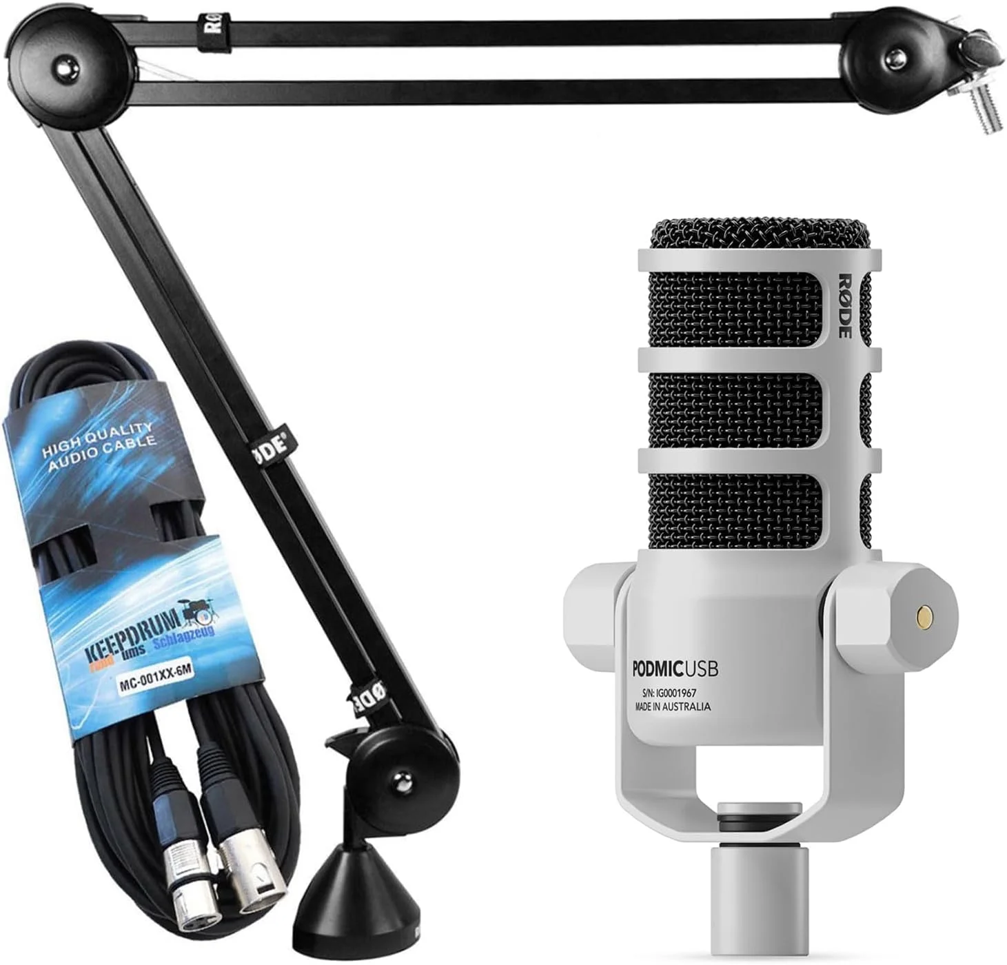 میکروفون سخنرانی داینامیک رُد Podmic USB XLR سفید با پایه بازویی PSA-1 و کابل XLR کیپ درام میکروفون سخنرانی داینامیک رُد Podmic USB XLR سفید با پایه بازویی PSA-1 و کابل XLR کیپ درام