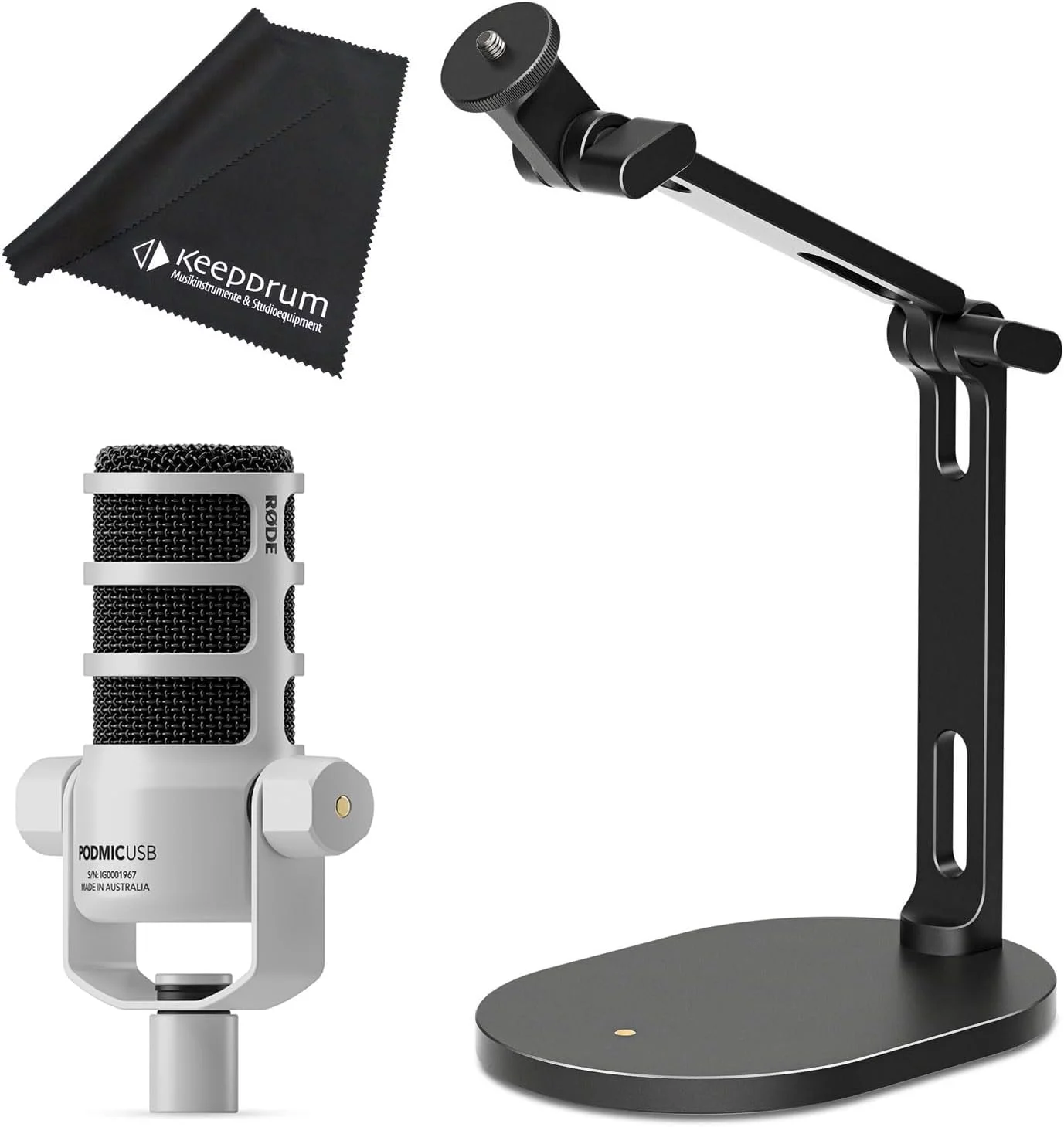 میکروفون سخنرانی داینامیک رُد Podmic USB XLR سفید با پایه رومیزی DS-2 و دستمال میکروفایبر keepdrum میکروفون سخنرانی داینامیک رُد Podmic USB XLR سفید با پایه رومیزی DS-2 و دستمال میکروفایبر keepdrum