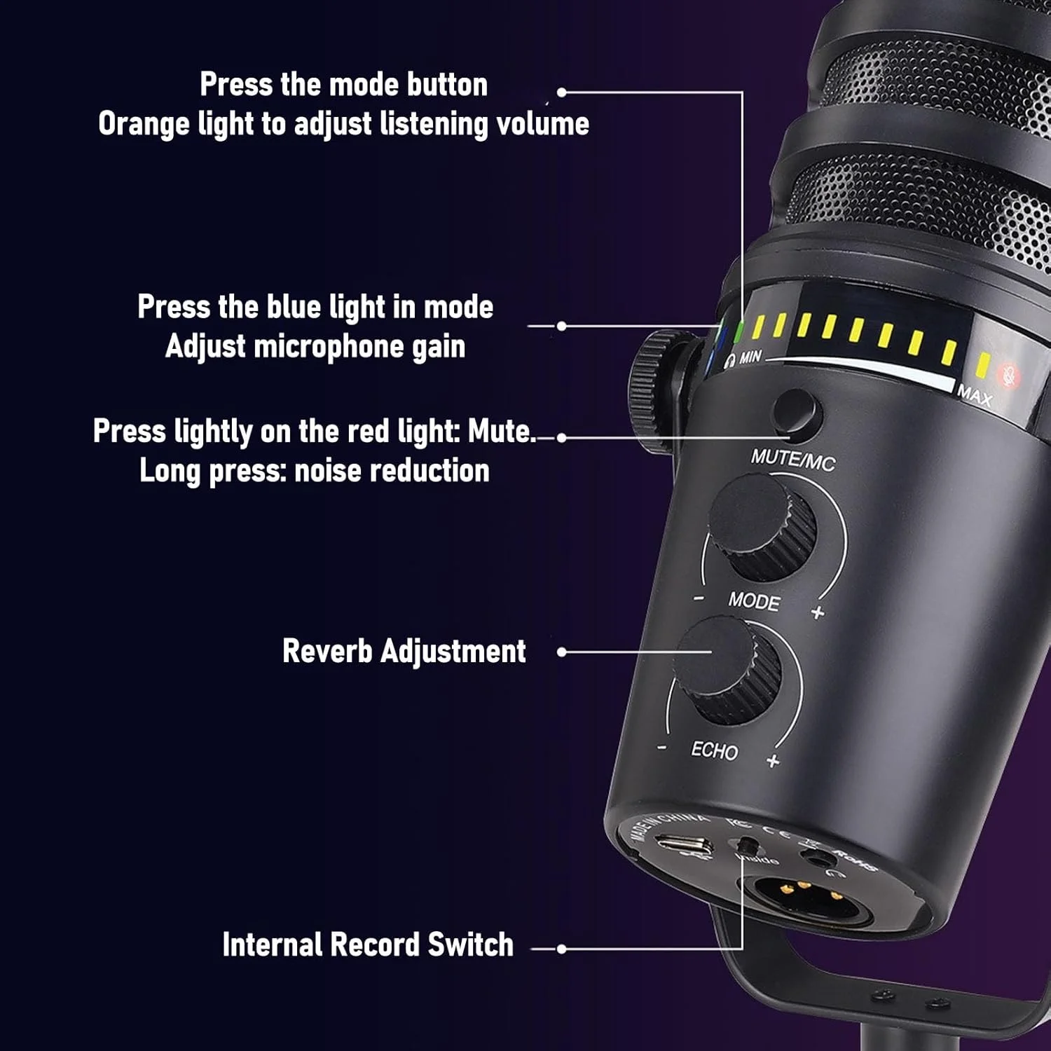 میکروفون دینامیکی سیمی قدرتمند PUSOKEI با USB-XLR - برای کارائوکه و مصاحبه های زنده - میکروفون دینامیکی با پایه