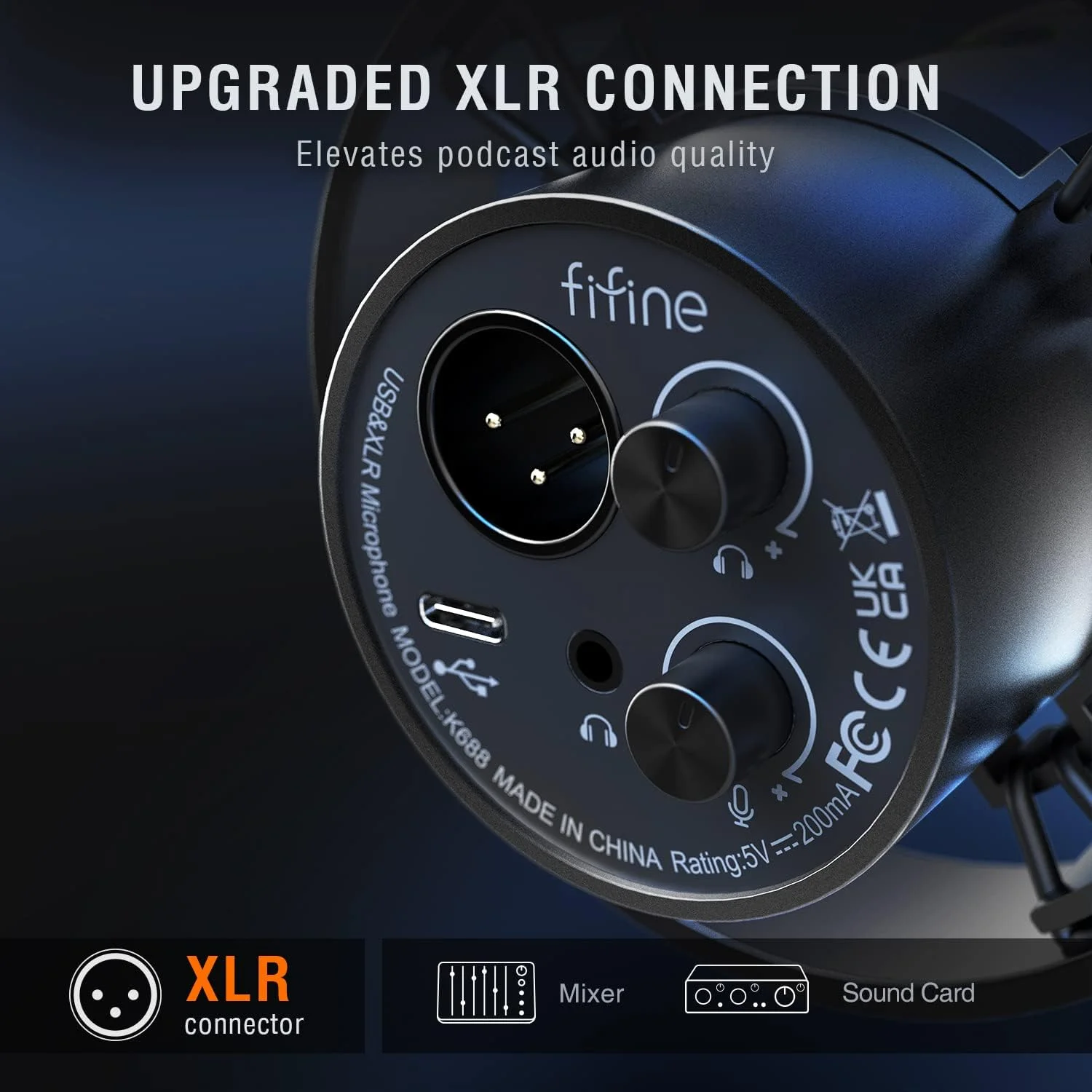 میکروفون استودیویی دینامیک کاردیوئید FIFINE مدل K688 با خروجی XLR/USB برای ضبط صدا، پادکست، وکال، استریم موسیقی و بازی، دارای جک هدفون 3.5 میلی‌متری و دکمه قطع صدا، بدنه فلزی مشکی