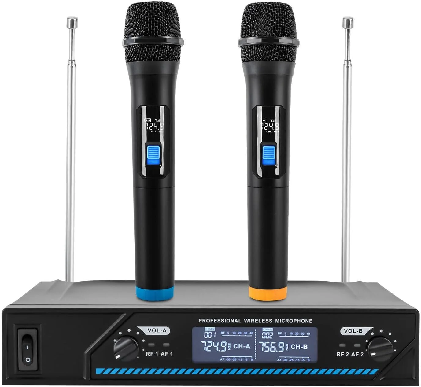 سیستم میکروفون بی سیم، مجموعه میکروفون بی سیم، سیستم میکروفون دینامیک فلزی دوگانه دستی بی سیم، برای کارائوکه، مهمانی، کلیسا، دی جی، عروسی، کلاس ها، جلسات، رویداد در فضای باز (مشکی)