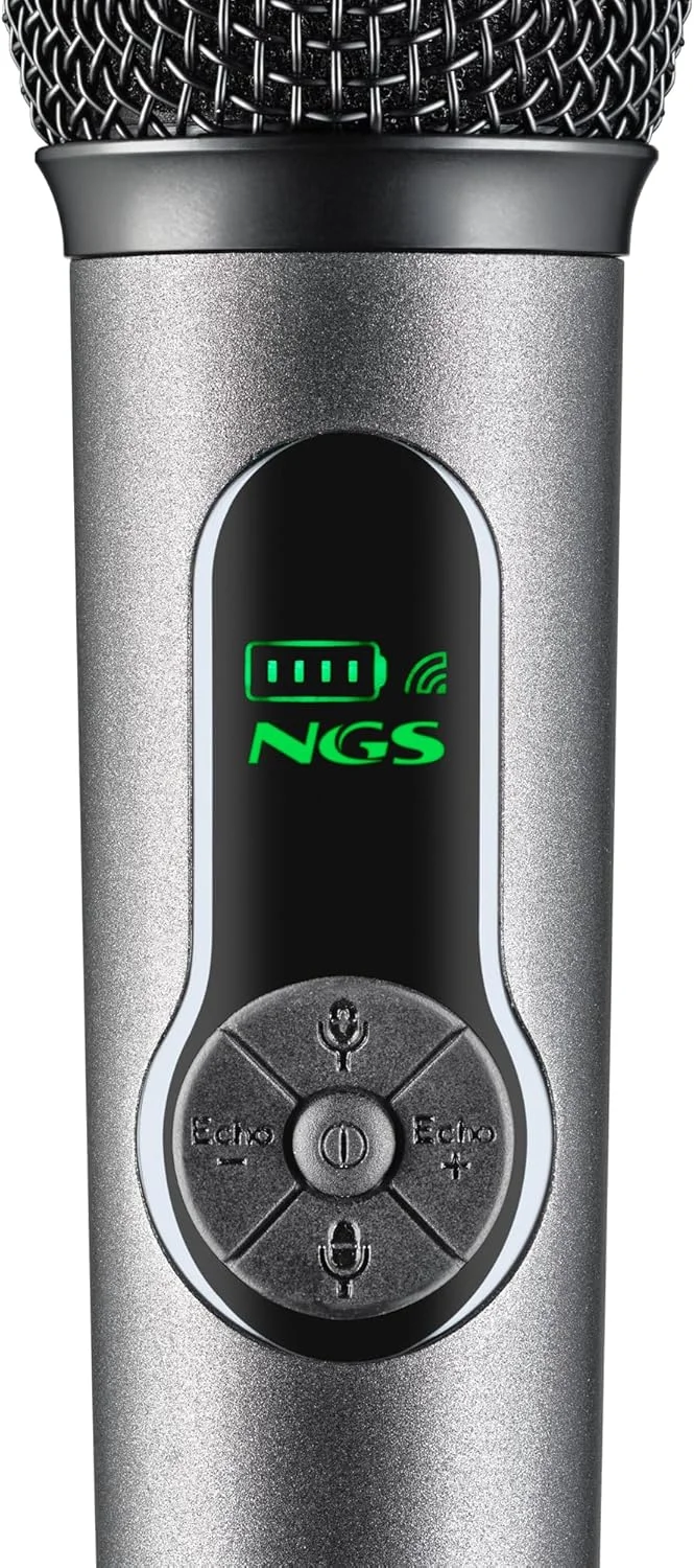 میکروفون بی سیم NGS Singer Star – میکروفون دینامیک، 2.4 گیگاهرتز، 30 ساعت کارکرد، کنترل صدا و اکو، نشانگر باتری، اتصال جک 3.5 میلی متری و 6.3 میلی متری، ایده آل برای کارائوکه و رویدادها