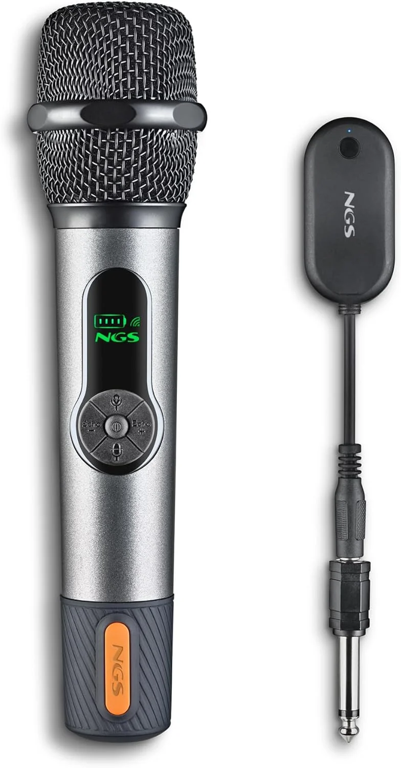 میکروفون بی سیم NGS Singer Star – میکروفون دینامیک، 2.4 گیگاهرتز، 30 ساعت کارکرد، کنترل صدا و اکو، نشانگر باتری، اتصال جک 3.5 میلی متری و 6.3 میلی متری، ایده آل برای کارائوکه و رویدادها