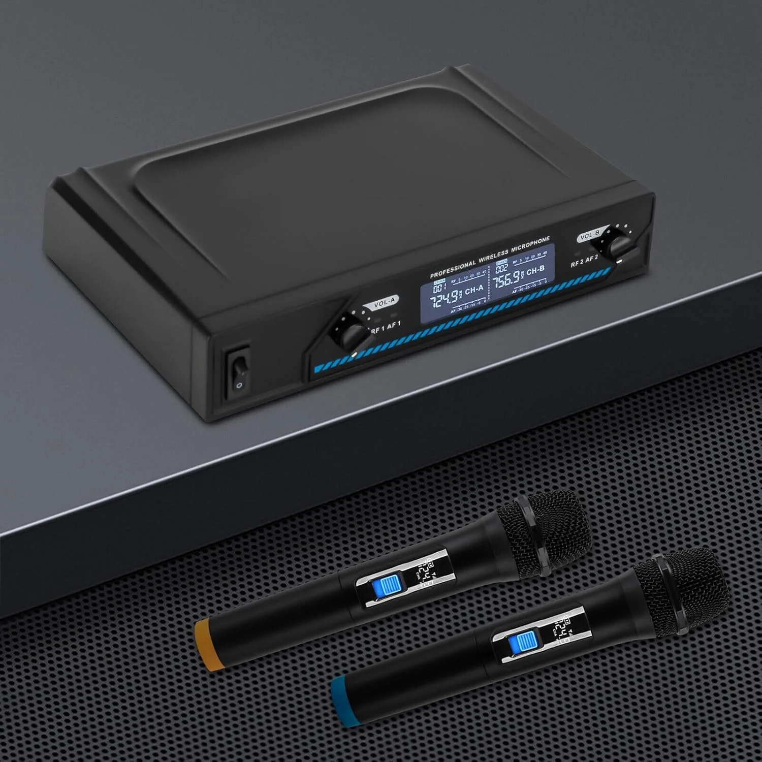 سیستم میکروفون بی سیم، مجموعه میکروفون بی سیم، سیستم میکروفون دینامیک فلزی دوگانه دستی بی سیم، برای کارائوکه، مهمانی، کلیسا، دی جی، عروسی، کلاس ها، جلسات، رویداد در فضای باز (مشکی)