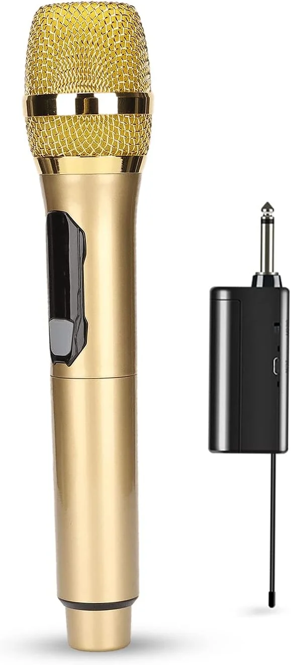 میکروفون بی سیم Yunseity، میکروفون دستی کارائوکه دینامیک با صفحه نمایش LED، سیستم میکروفون دستی با گیرنده، برای خانه، مهمانی، آواز خواندن، فضای باز (طلایی)