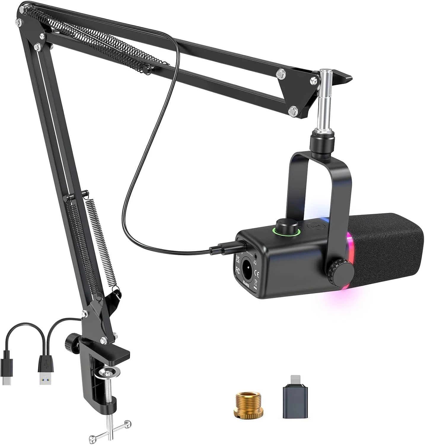 میکروفون پادکست XLR/USB ZealSound با بازو | میکروفون USB داینامیک RGB با دکمه قطع صدا و کنترل گین | استودیو، استریم، پخش، بازی، یوتیوب | سازگار با PC Mac، موبایل، PS4-5، میکسر-KD8S