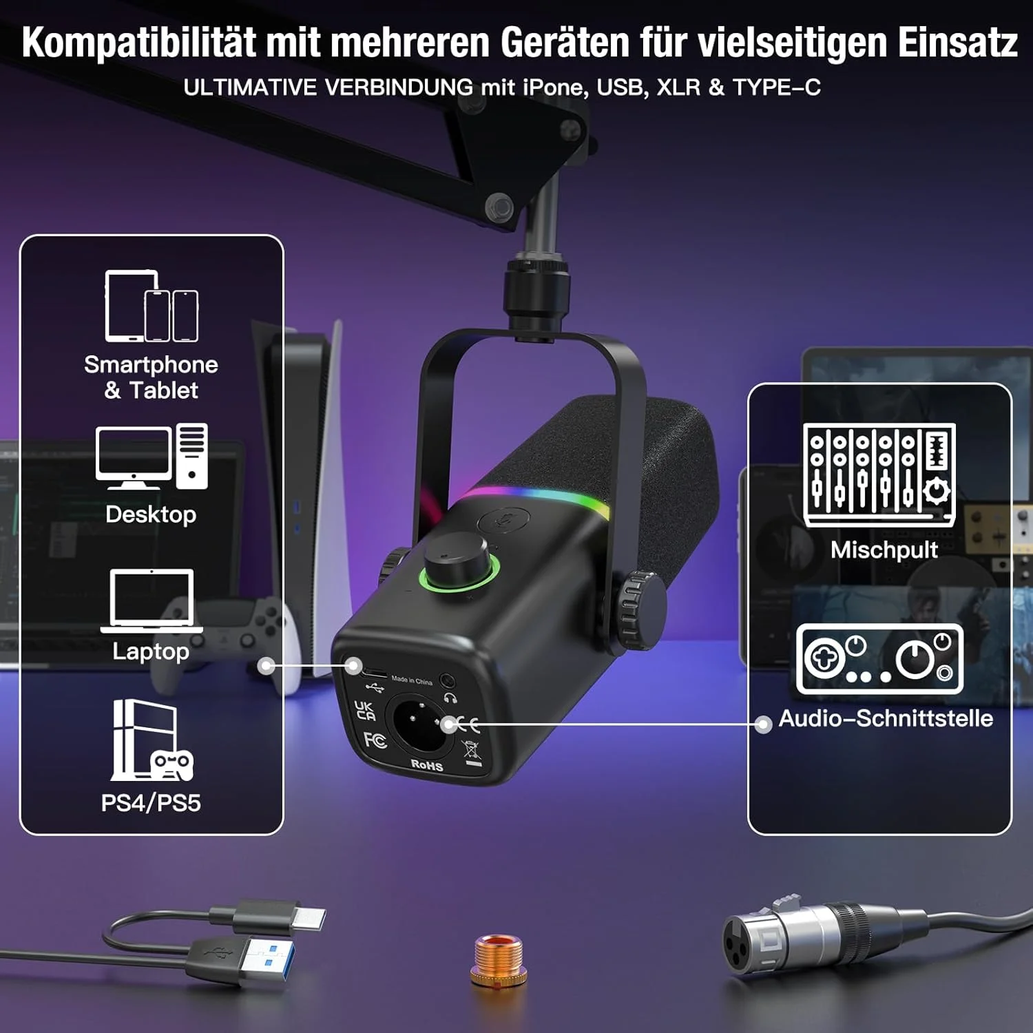 میکروفون پادکست XLR/USB ZealSound با بازو | میکروفون USB داینامیک RGB با دکمه قطع صدا و کنترل گین | استودیو، استریم، پخش، بازی، یوتیوب | سازگار با PC Mac، موبایل، PS4-5، میکسر-KD8S