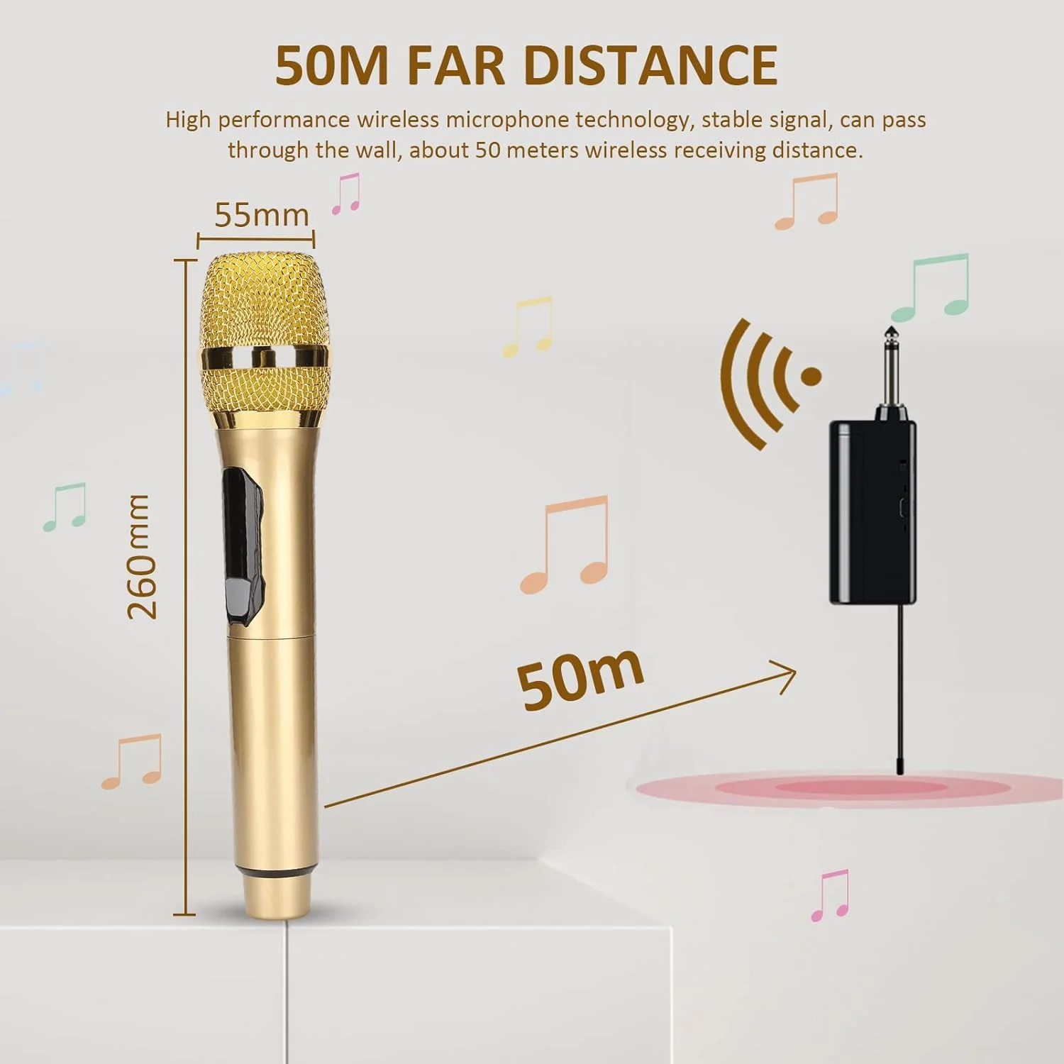 میکروفون بی سیم Yunseity، میکروفون دستی کارائوکه دینامیک با صفحه نمایش LED، سیستم میکروفون دستی با گیرنده، برای خانه، مهمانی، آواز خواندن، فضای باز (طلایی)