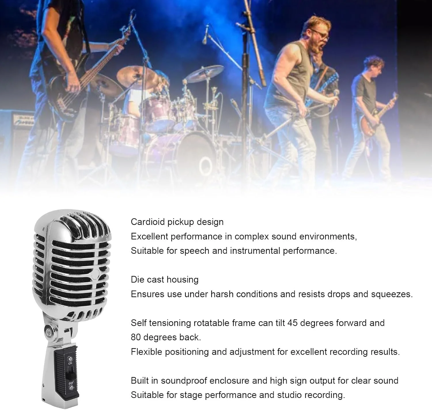 میکروفون داینامیک، میکروفون به سبک رترو با قابلیت کاهش نویز و زاویه قابل تنظیم برای ضبط استودیویی (نقره ای) میکروفون داینامیک، میکروفون به سبک رترو با قابلیت کاهش نویز و زاویه قابل تنظیم برای ضبط استودیویی (نقره ای)